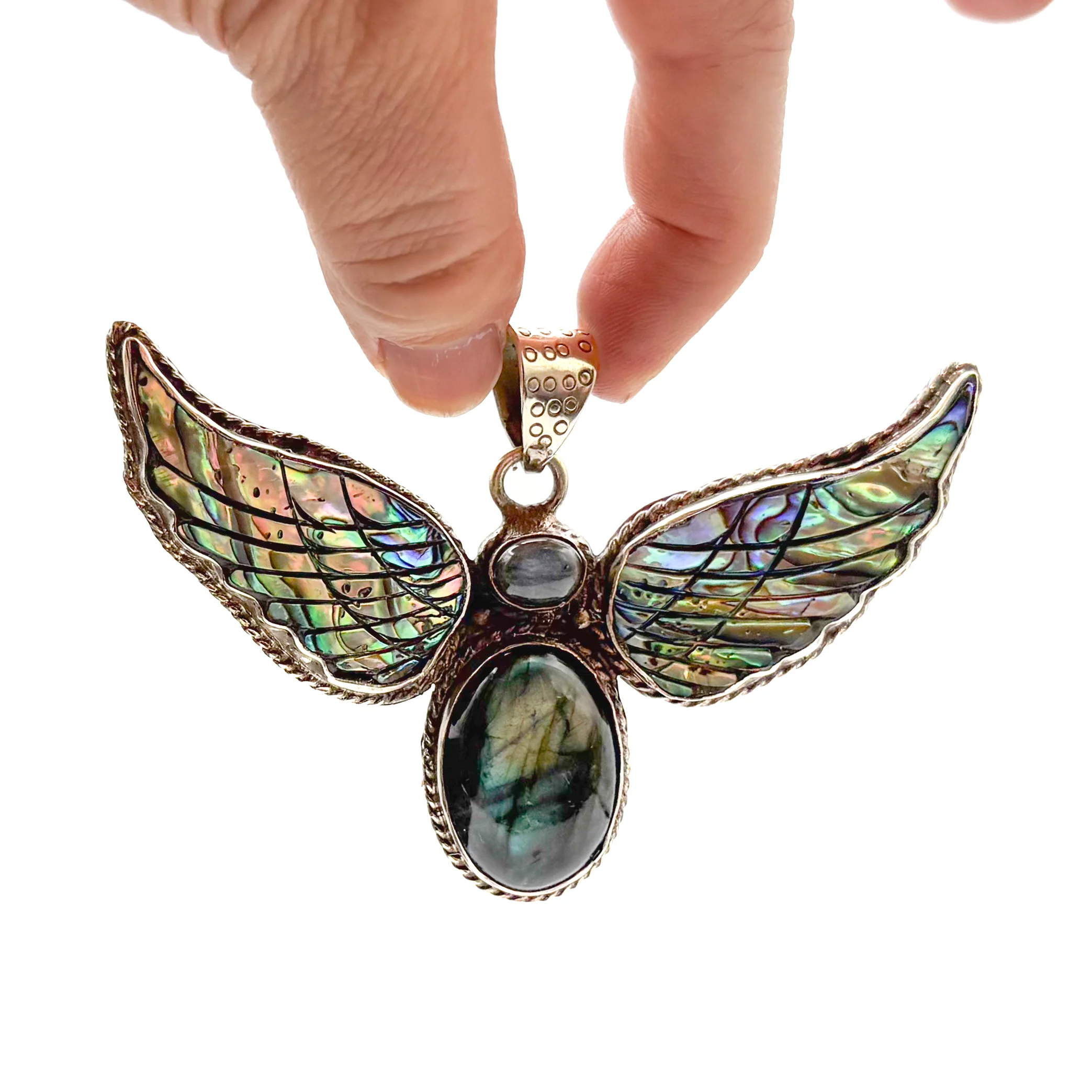 Labradorite and Abalone Brass Winged Pendant Amulet - Image 10