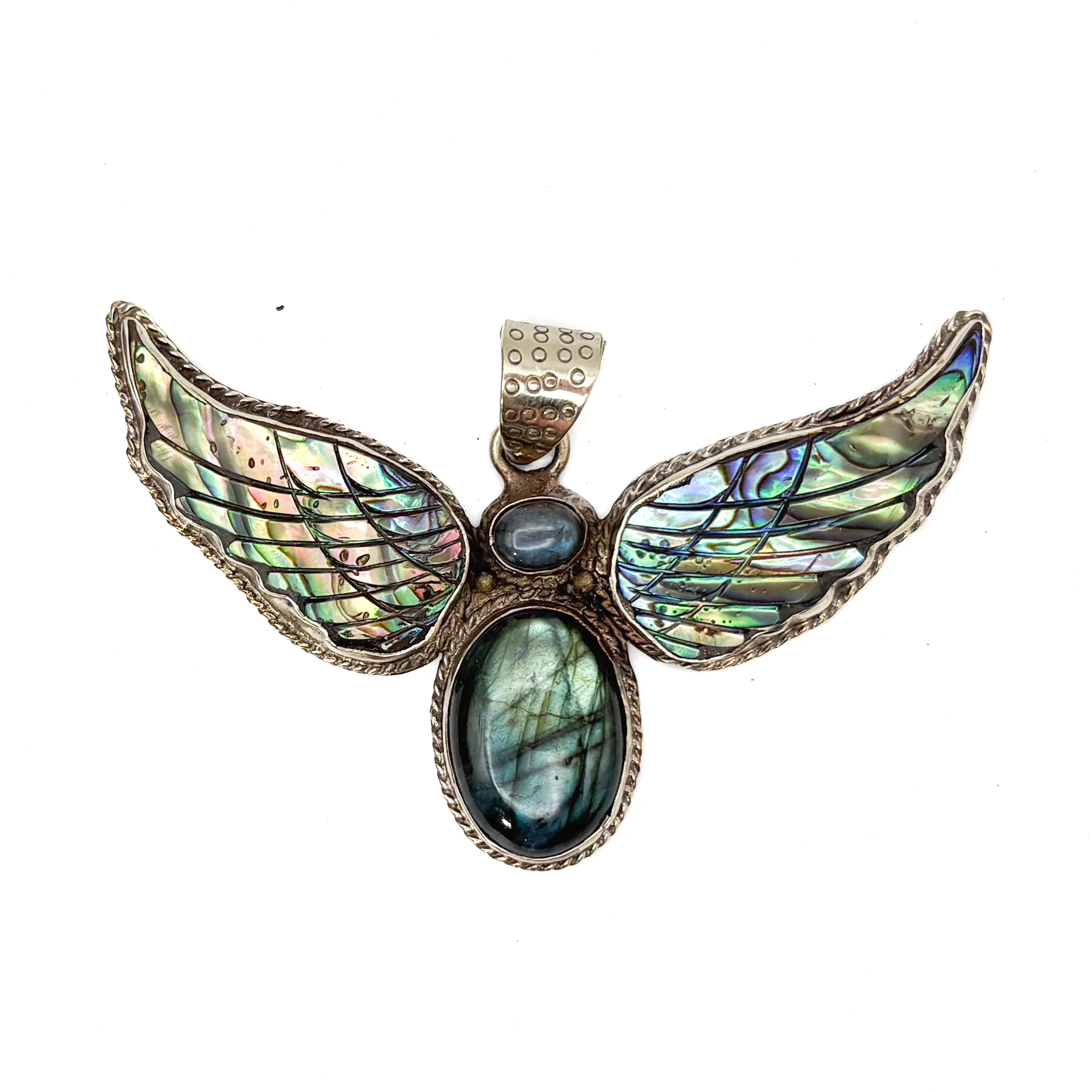 Labradorite and Abalone Brass Winged Pendant Amulet - Image 2