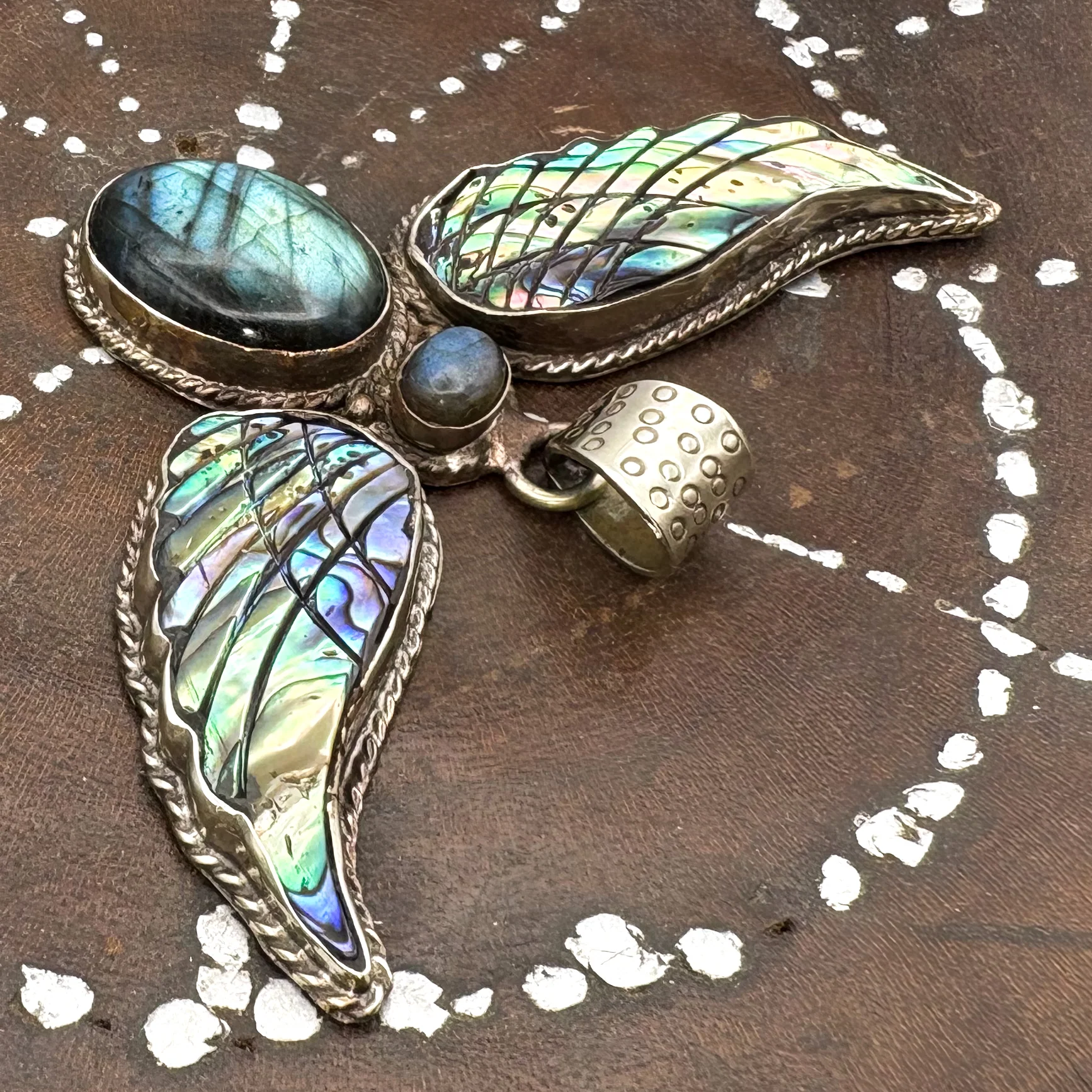 Labradorite and Abalone Brass Winged Pendant Amulet - Image 3