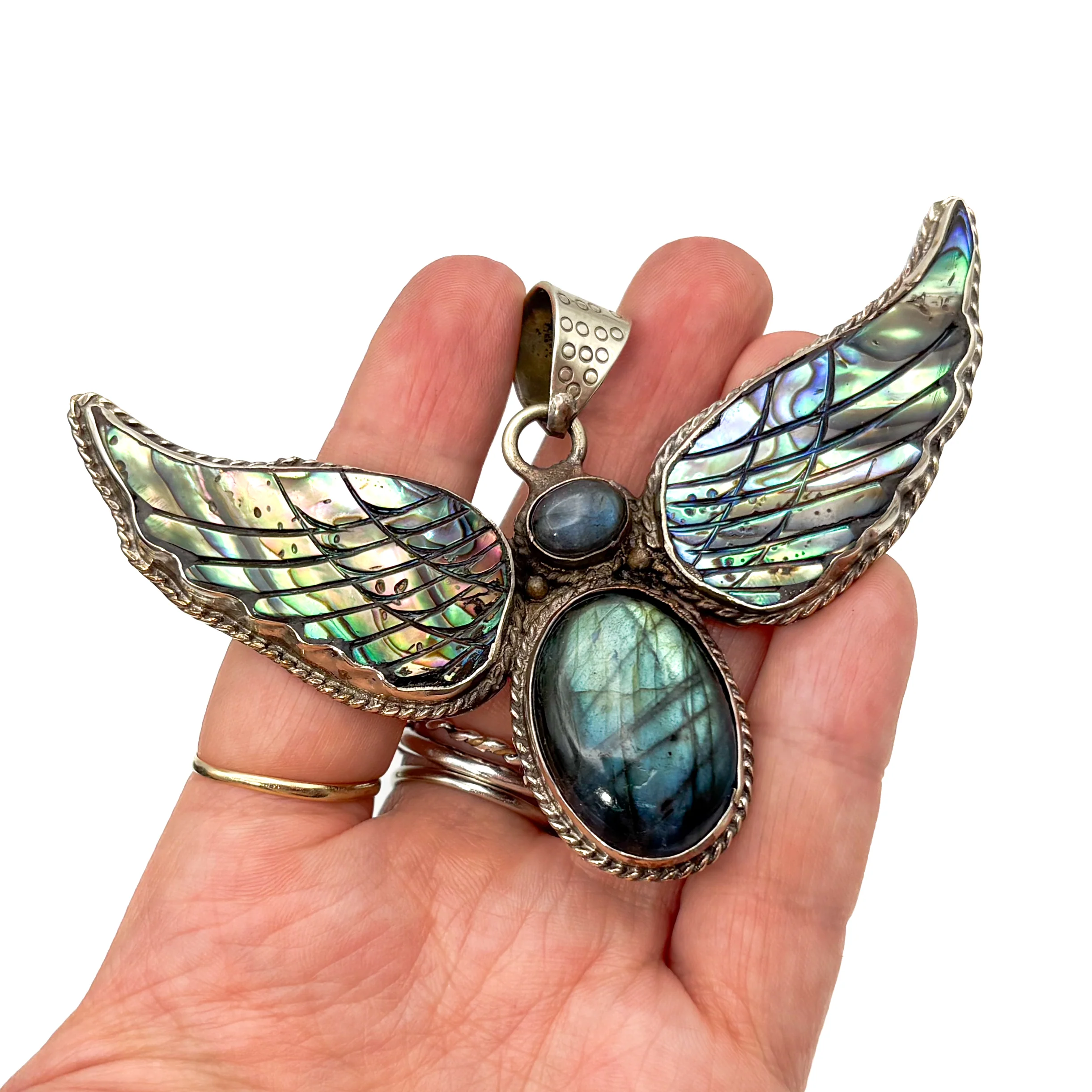 Labradorite and Abalone Brass Winged Pendant Amulet - Image 4
