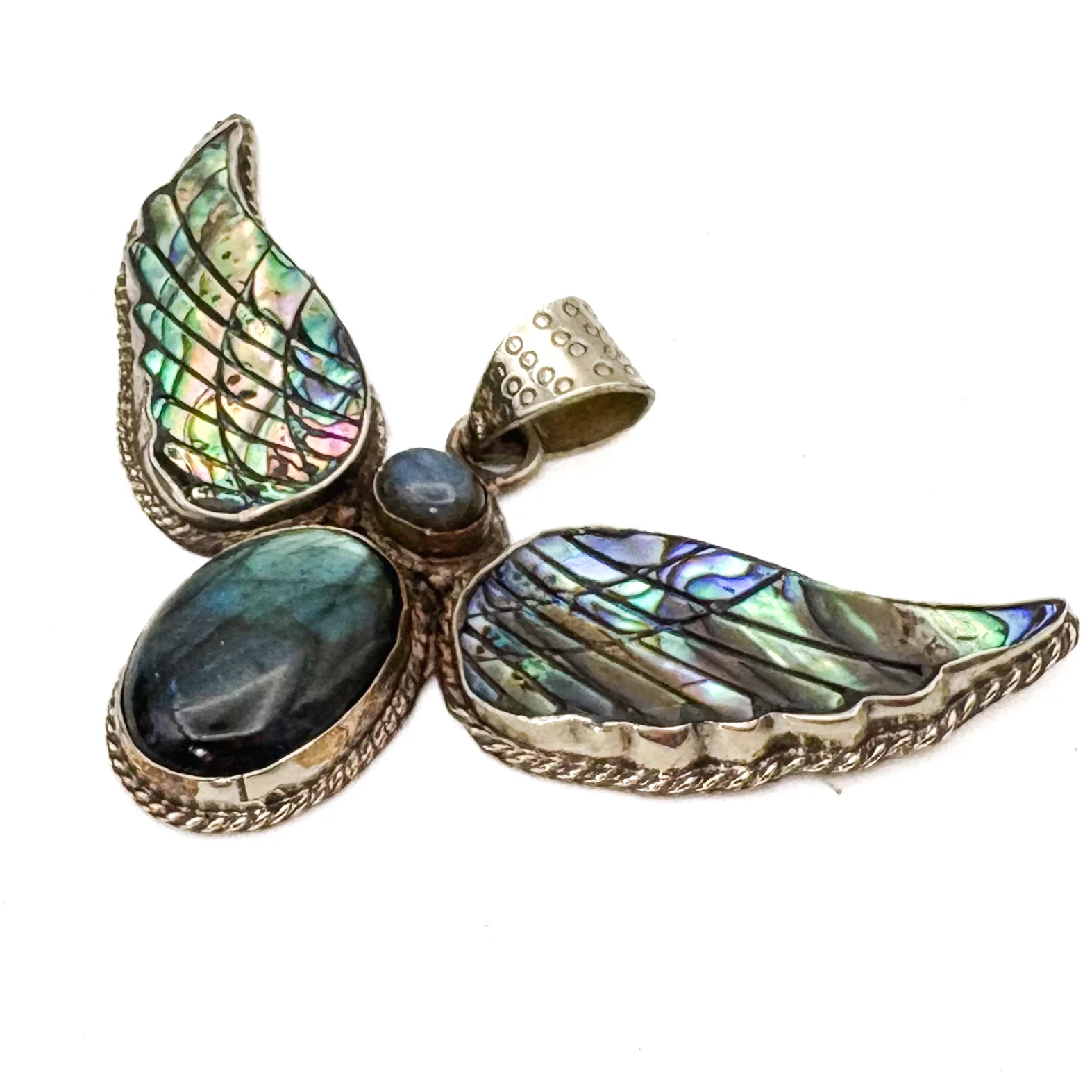 Labradorite and Abalone Brass Winged Pendant Amulet - Image 5