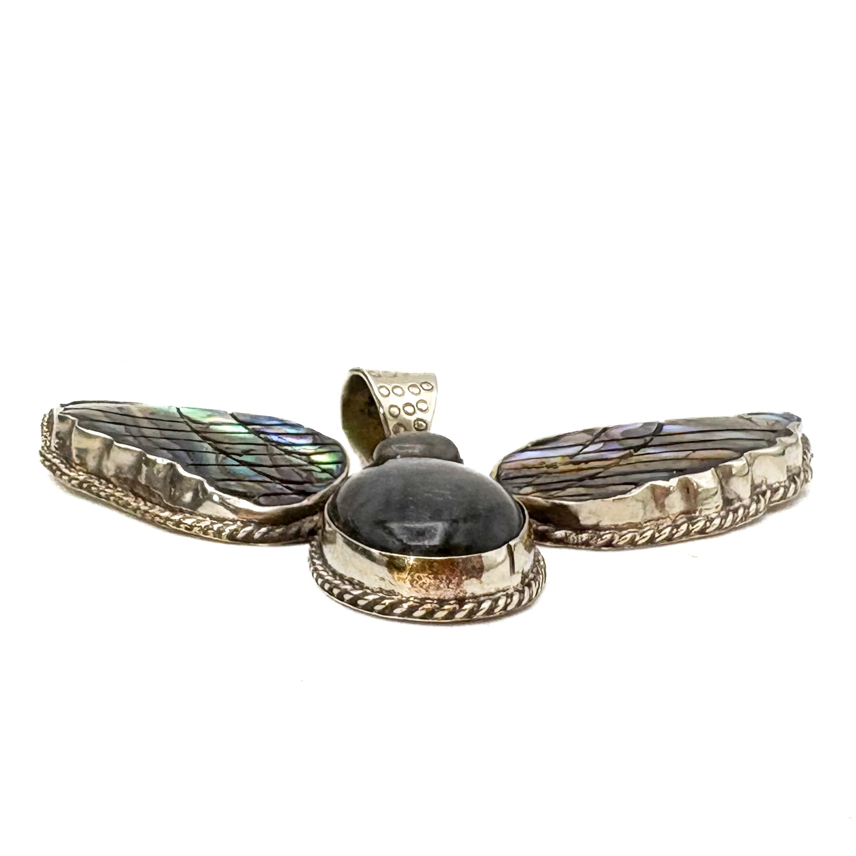 Labradorite and Abalone Brass Winged Pendant Amulet - Image 6