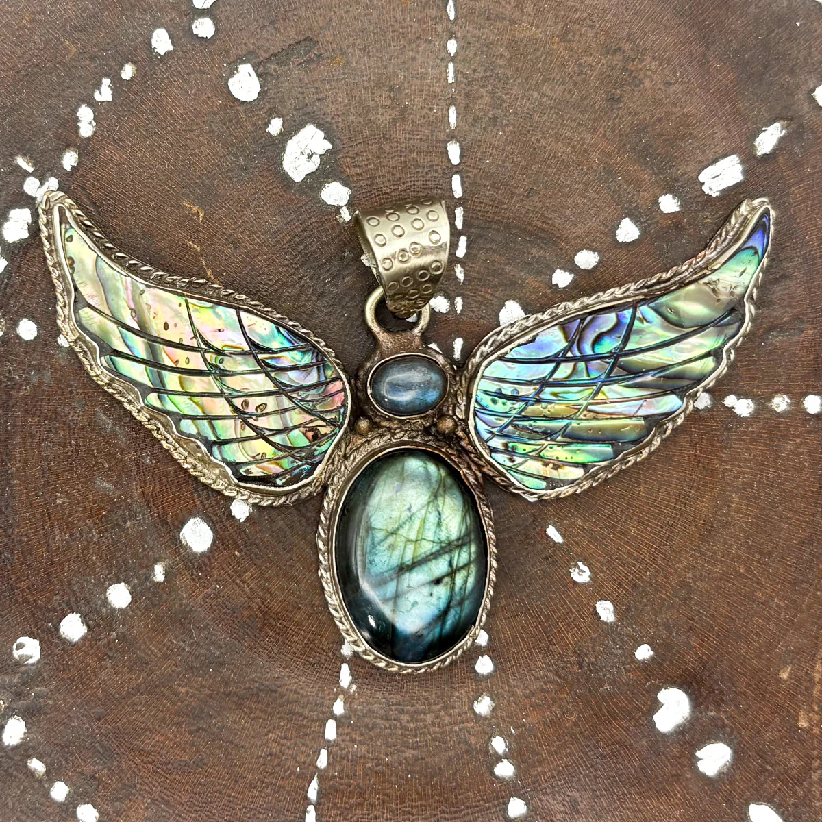 Labradorite and Abalone Brass Winged Pendant Amulet - Image 7