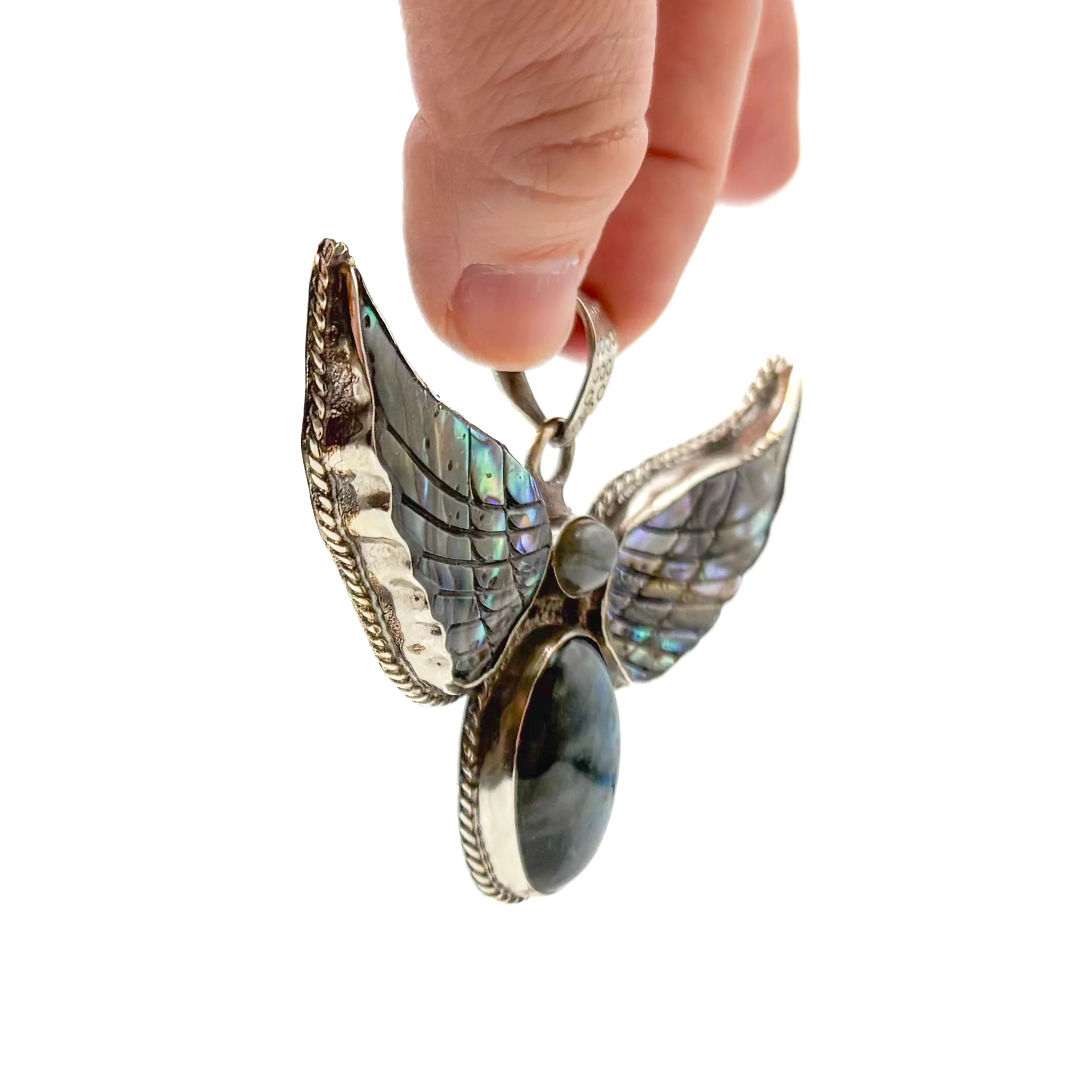 Labradorite and Abalone Brass Winged Pendant Amulet - Image 8