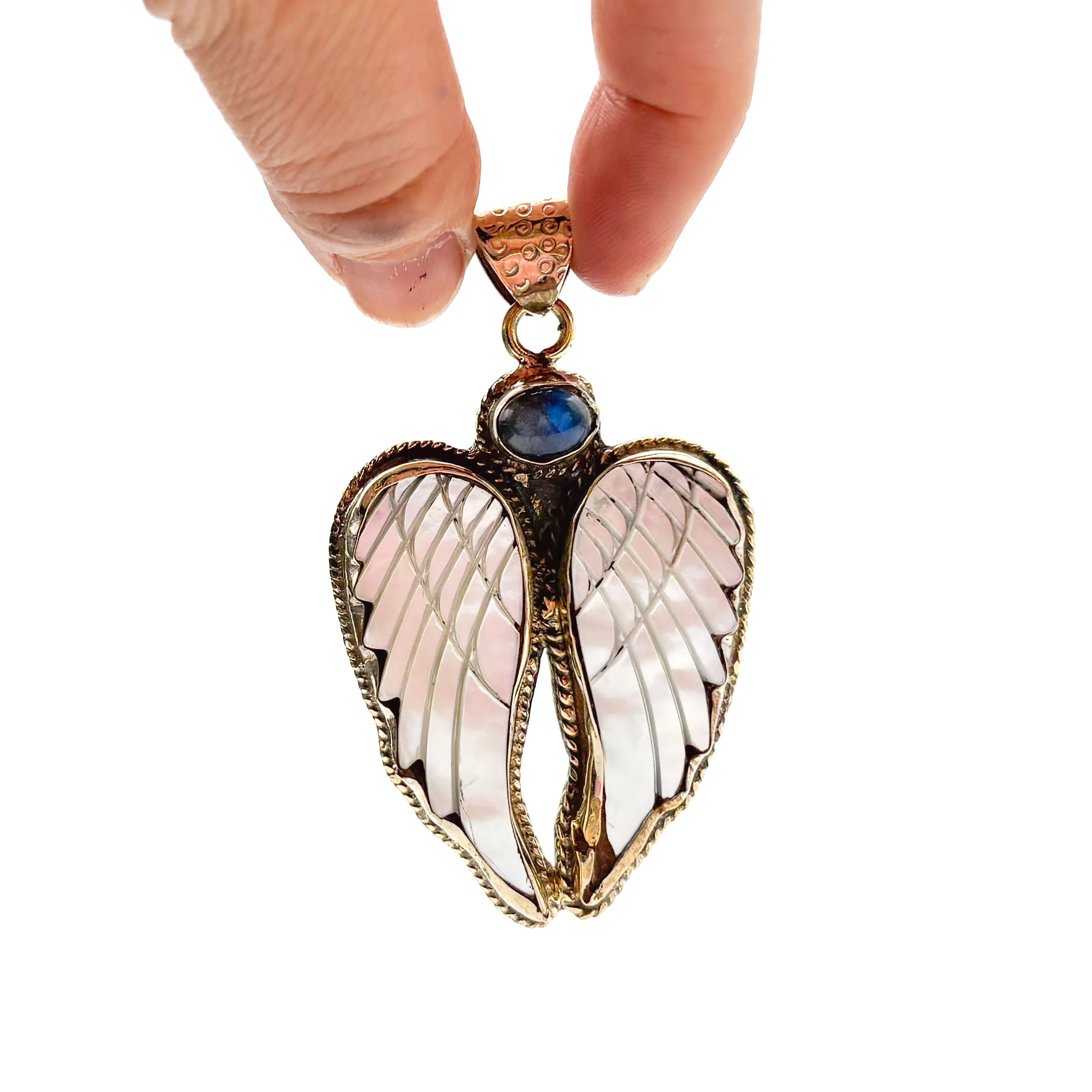 Labradorite and Mother-of-Pearl Brass Winged Pendant Amulet - Image 10