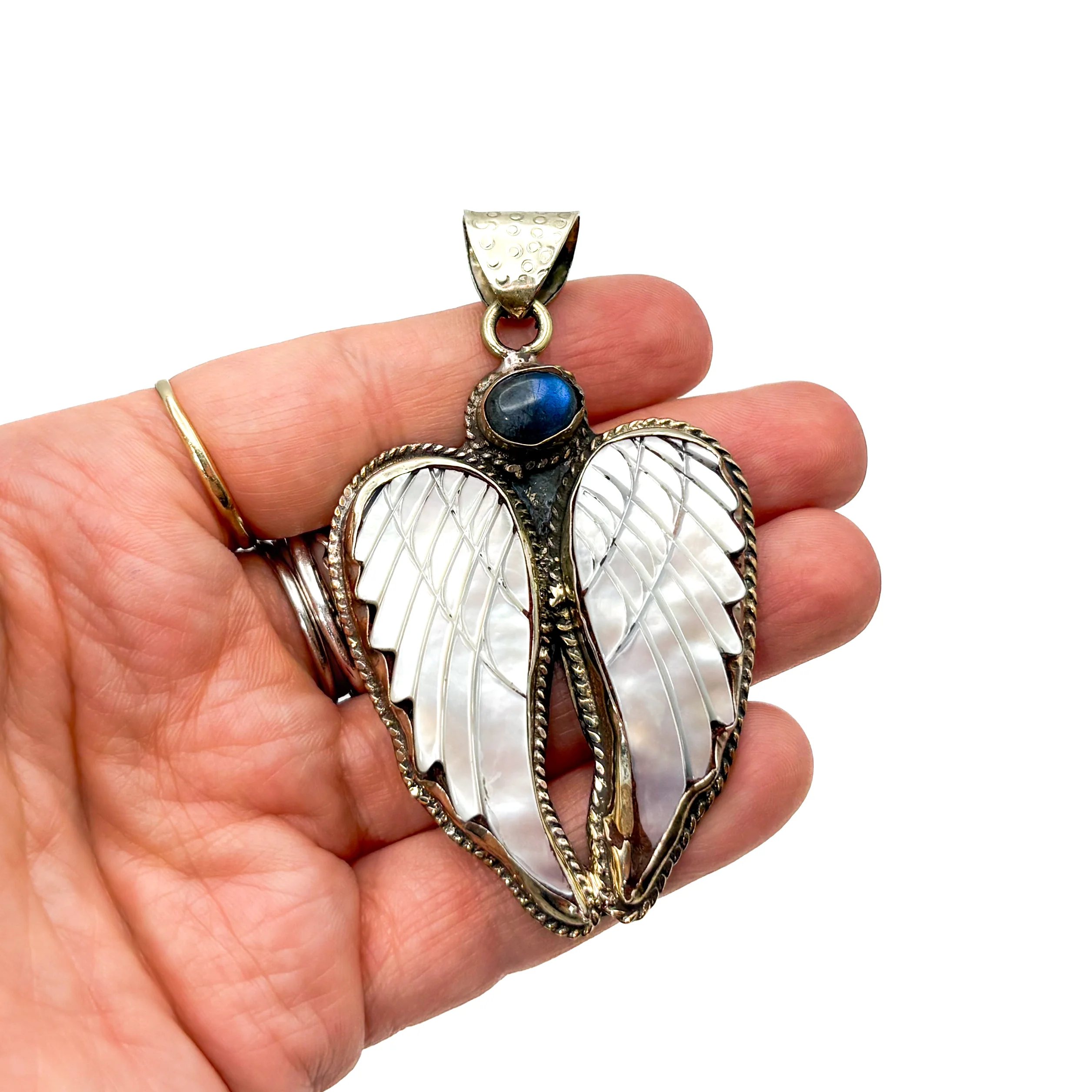 Labradorite and Mother-of-Pearl Brass Winged Pendant Amulet - Image 11