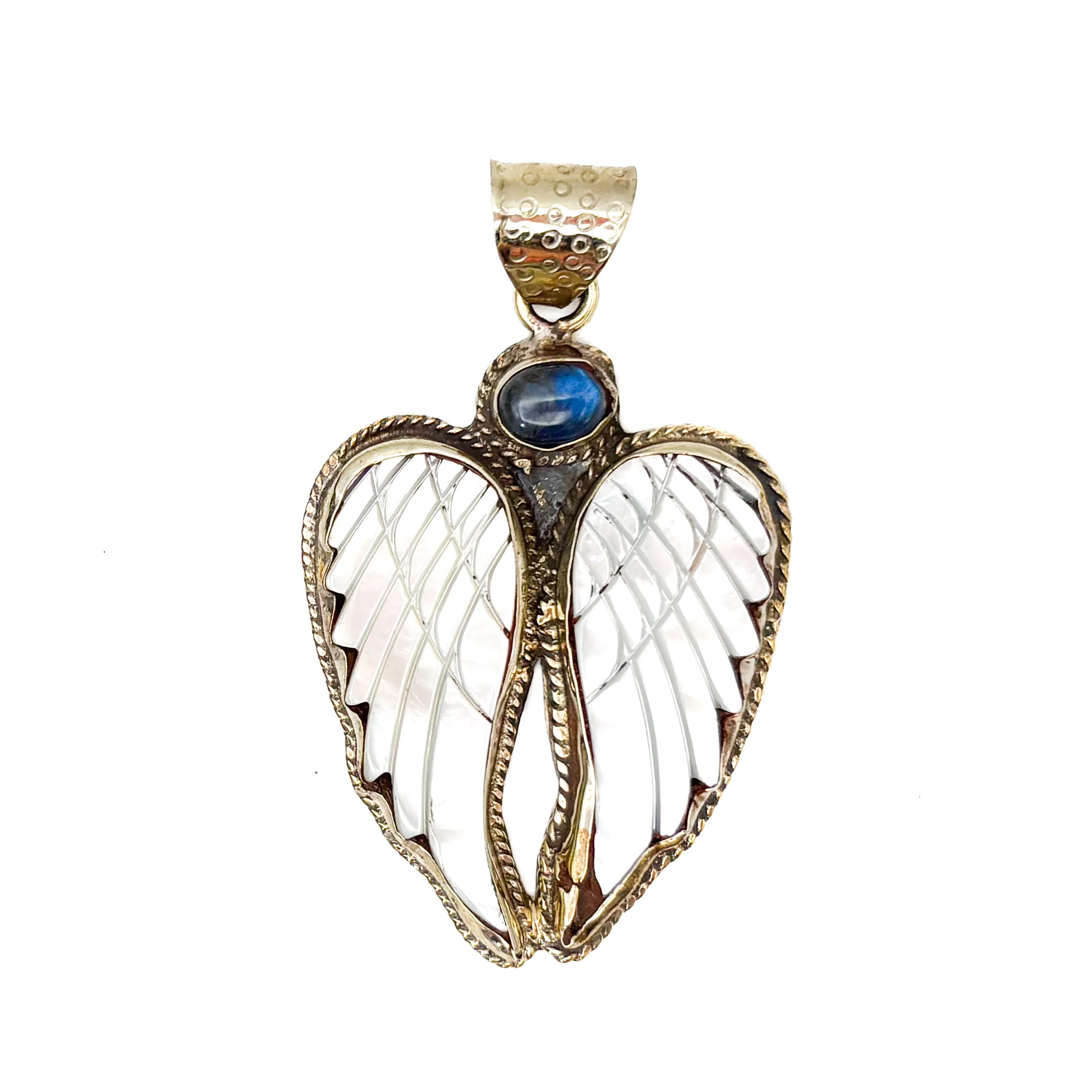 Labradorite and Mother-of-Pearl Brass Winged Pendant Amulet - Image 14