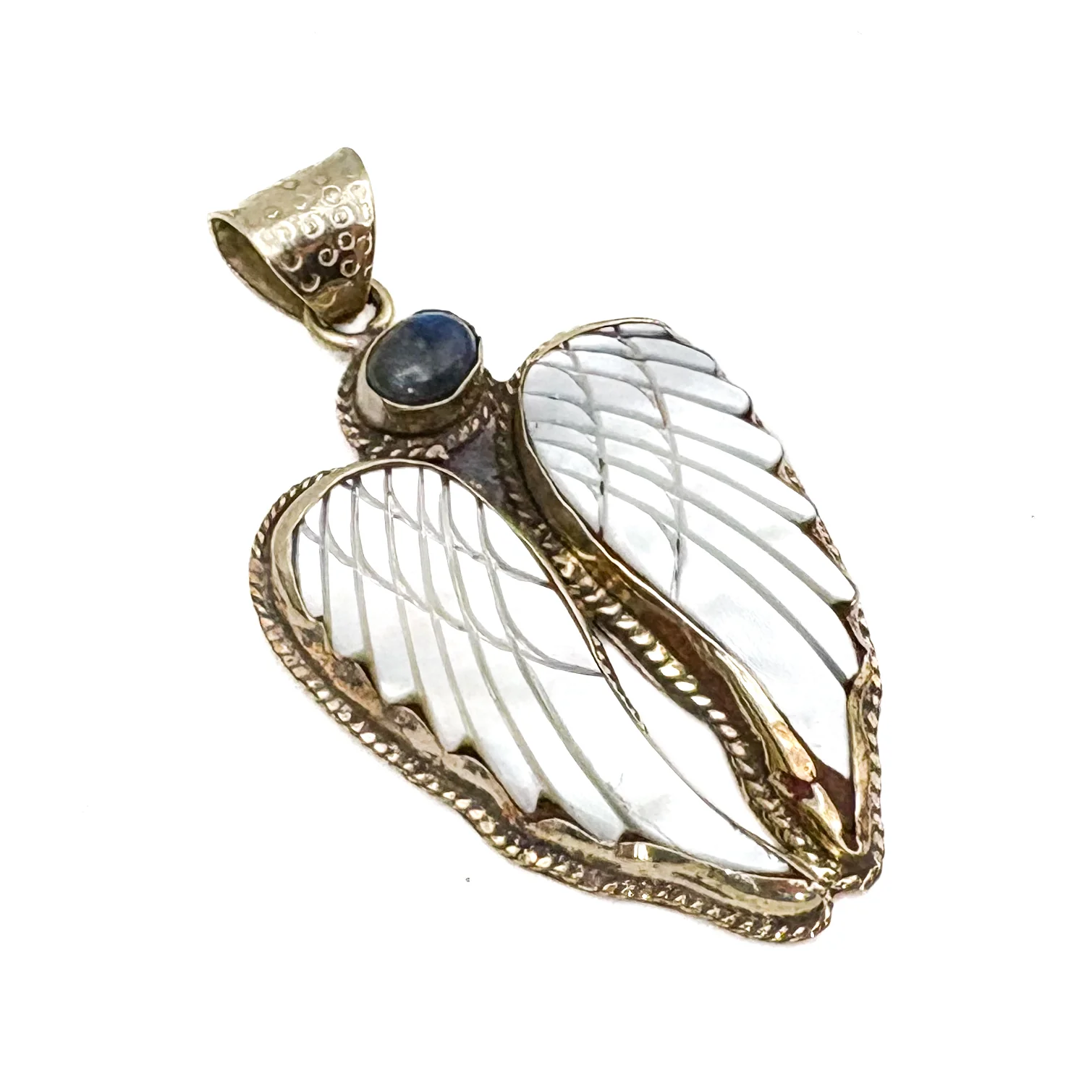 Labradorite and Mother-of-Pearl Brass Winged Pendant Amulet - Image 2