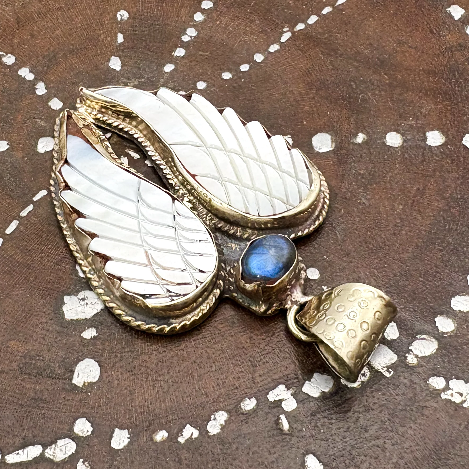 Labradorite and Mother-of-Pearl Brass Winged Pendant Amulet - Image 3