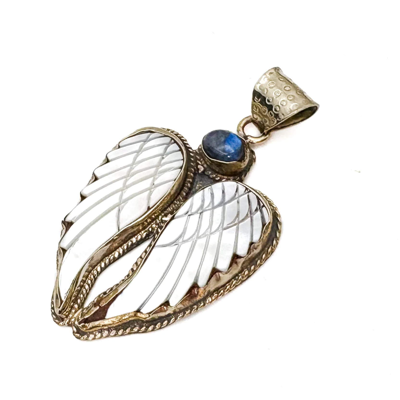 Labradorite and Mother-of-Pearl Brass Winged Pendant Amulet - Image 4