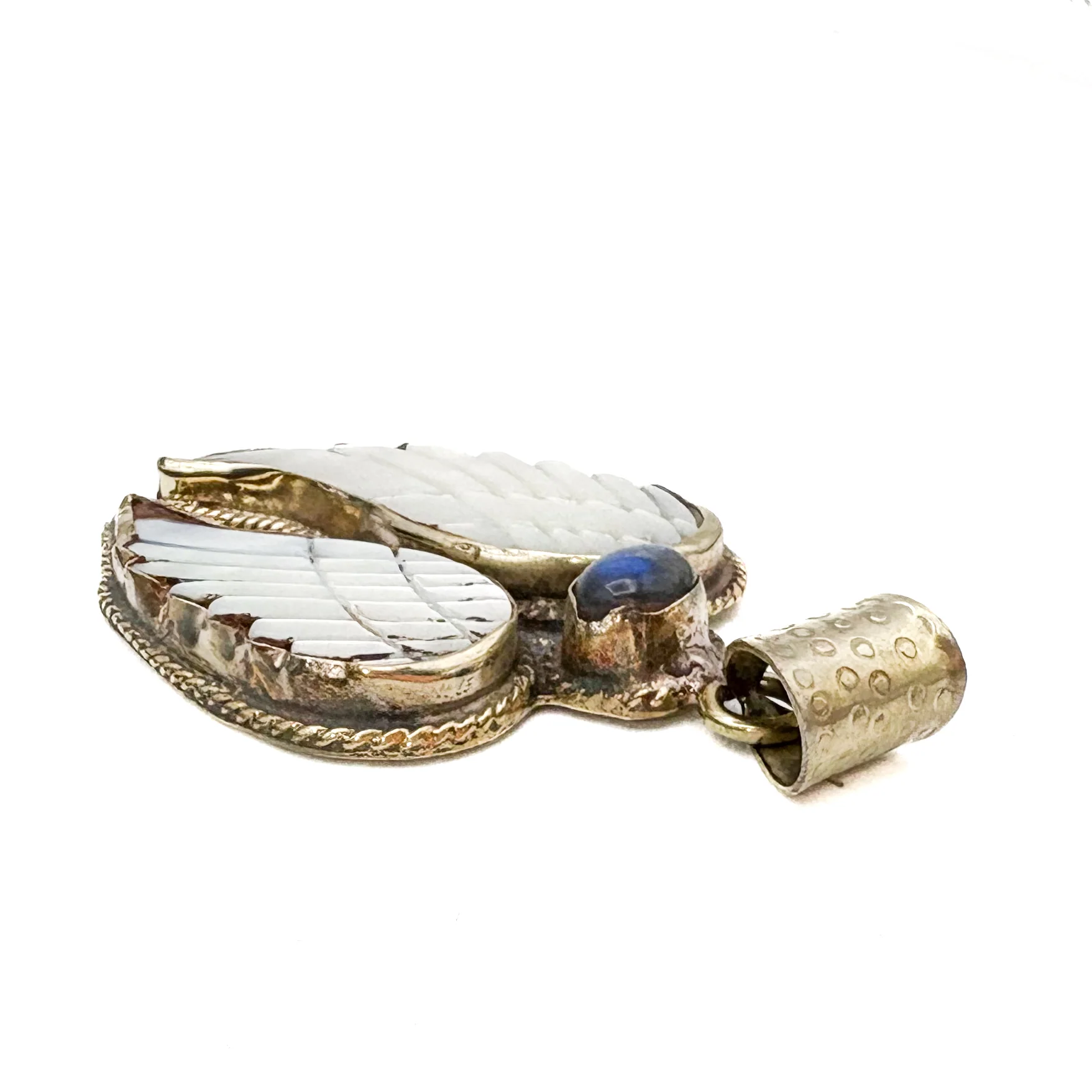 Labradorite and Mother-of-Pearl Brass Winged Pendant Amulet - Image 5