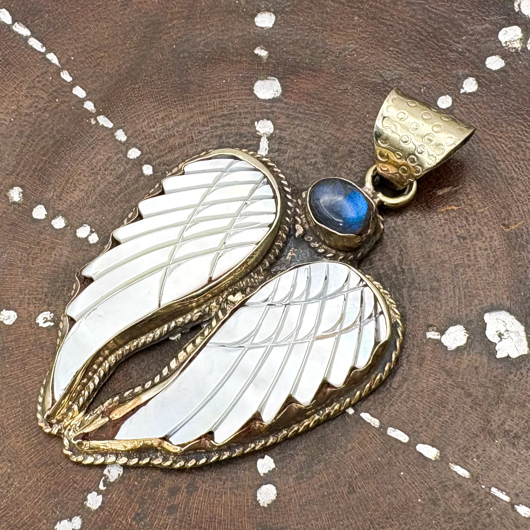 Labradorite and Mother-of-Pearl Brass Winged Pendant Amulet - Image 7