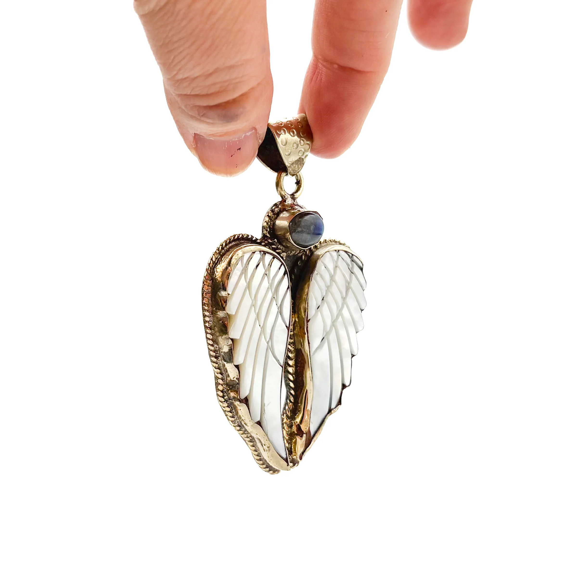 Labradorite and Mother-of-Pearl Brass Winged Pendant Amulet - Image 8