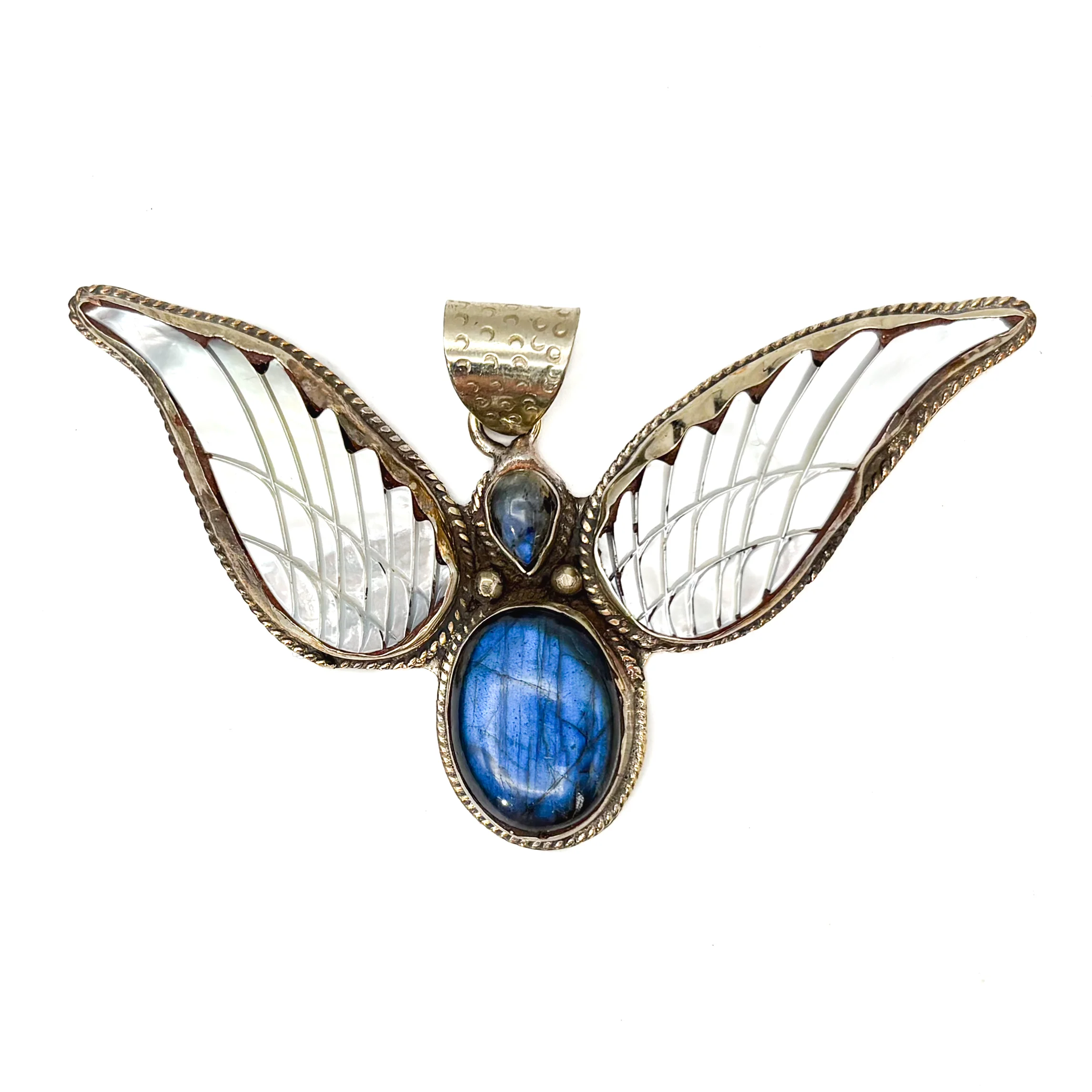 Labradorite and Mother-of-Pearl Brass Winged Pendant Amulet - Image 10