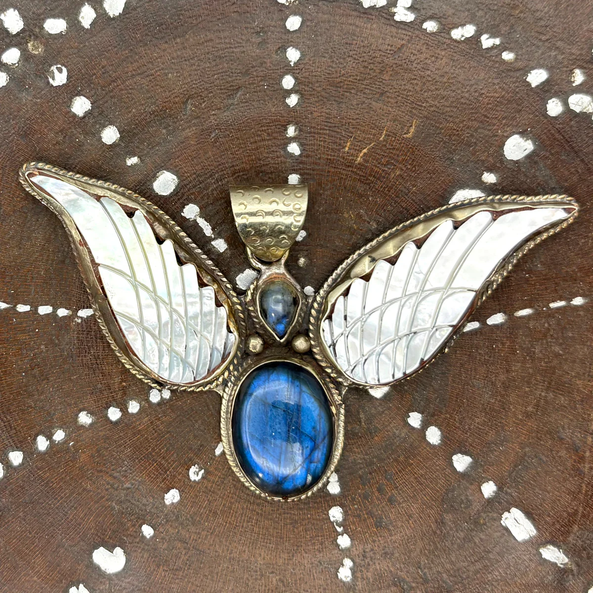 Labradorite and Mother-of-Pearl Brass Winged Pendant Amulet - Image 2