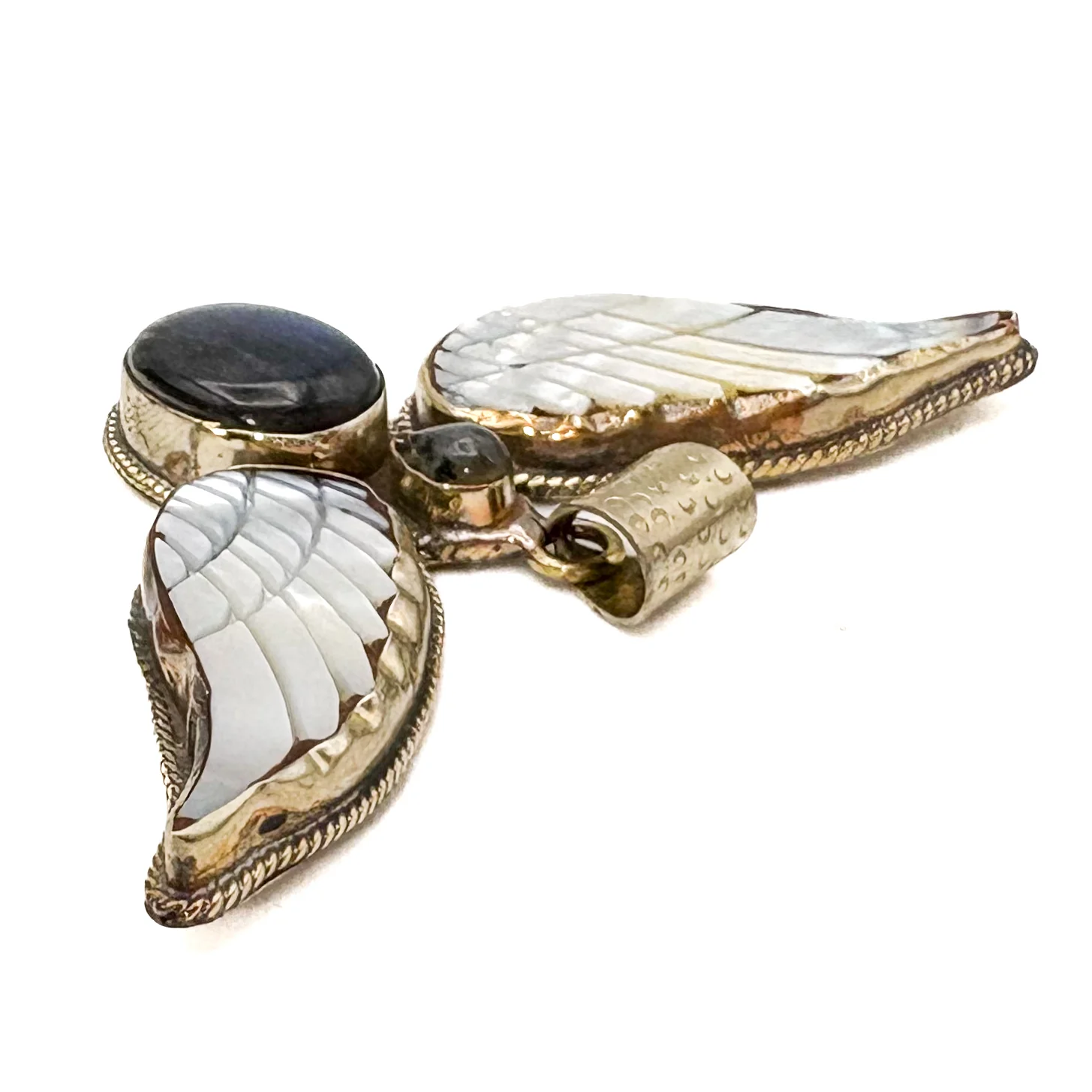 Labradorite and Mother-of-Pearl Brass Winged Pendant Amulet - Image 3