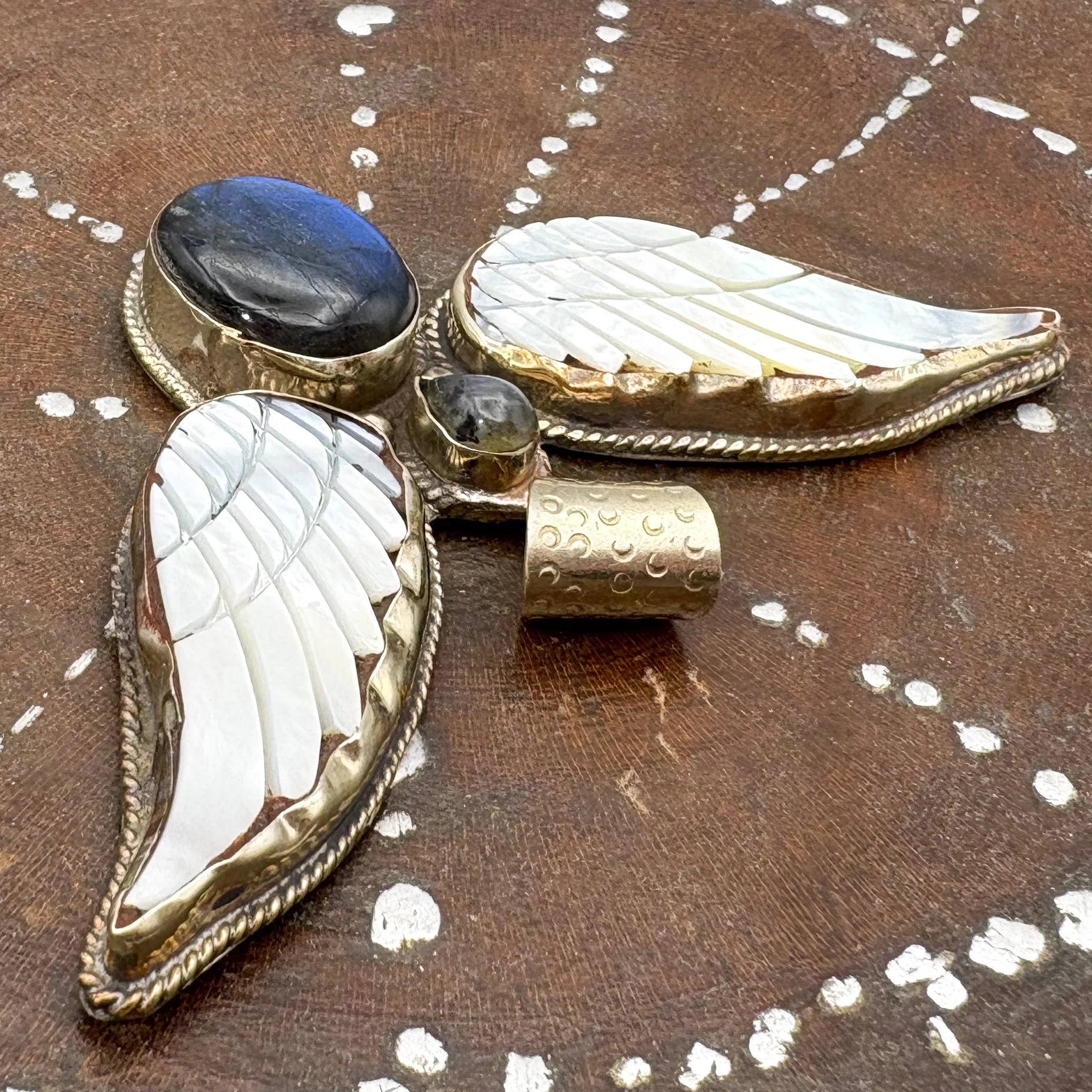 Labradorite and Mother-of-Pearl Brass Winged Pendant Amulet - Image 4
