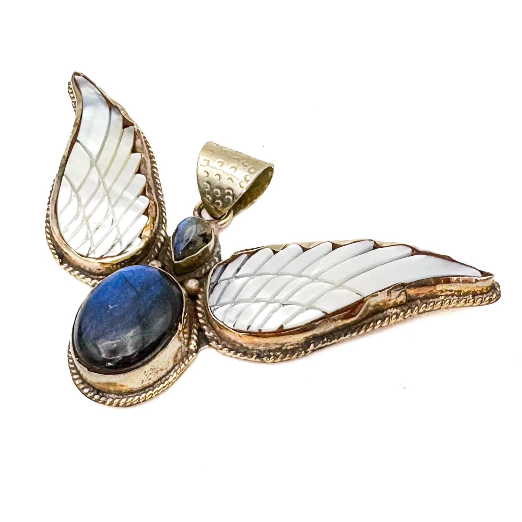 Labradorite and Mother-of-Pearl Brass Winged Pendant Amulet - Image 8