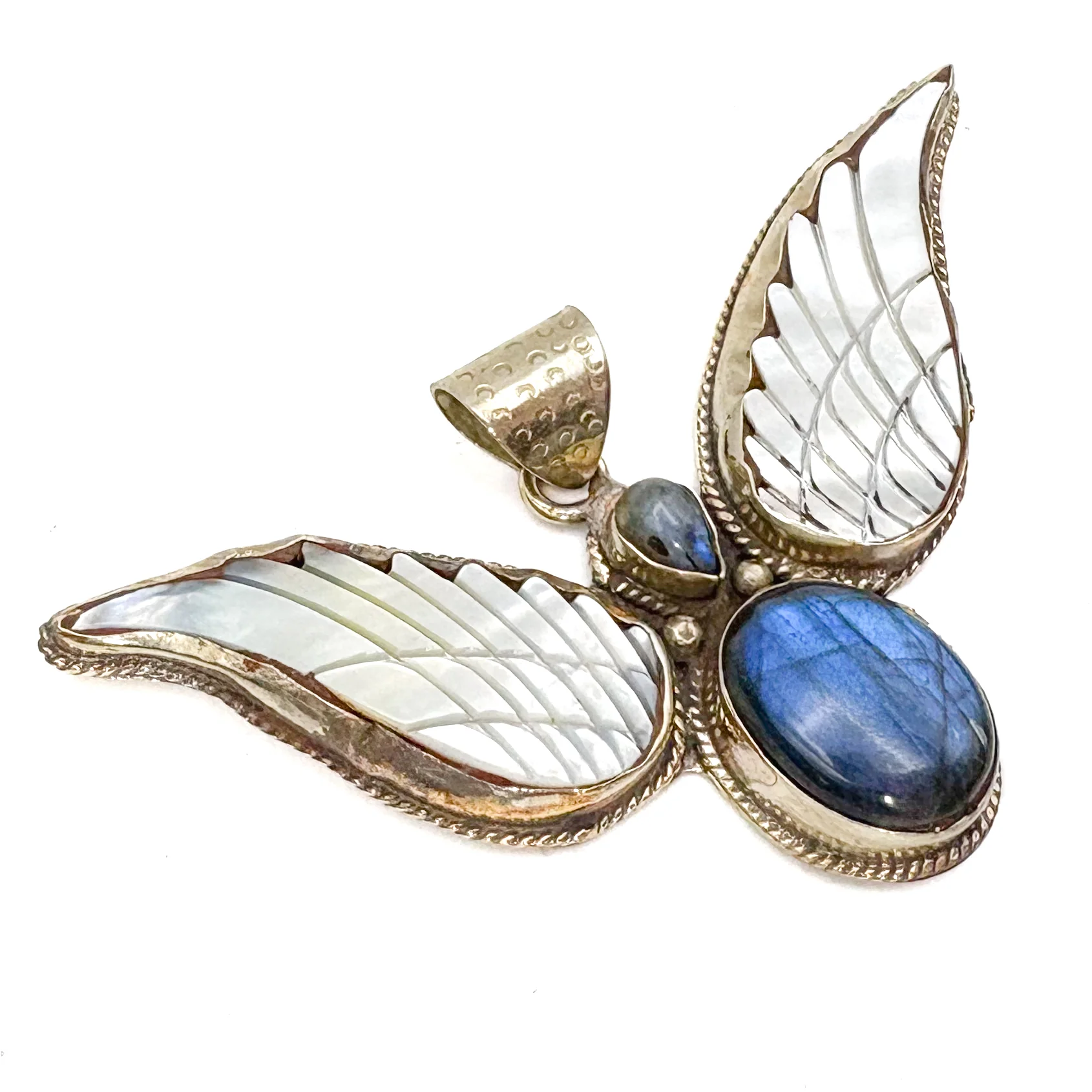 Labradorite and Mother-of-Pearl Brass Winged Pendant Amulet - Image 9