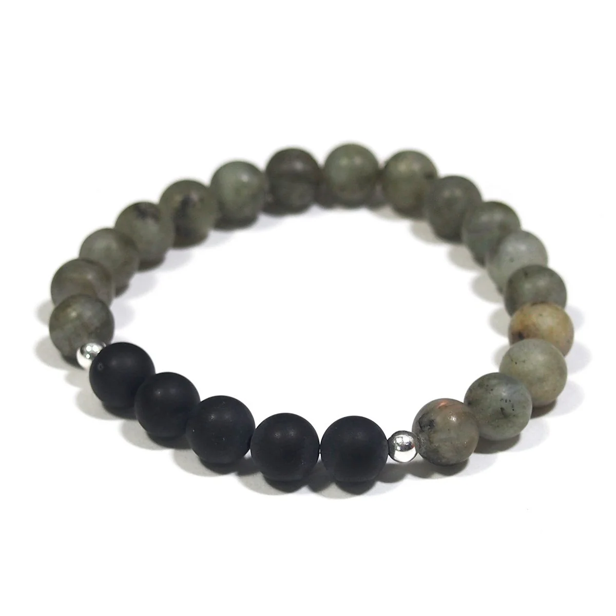 Labradorite and Onyx Stretch Bracelet with Matte Finish - Image 2