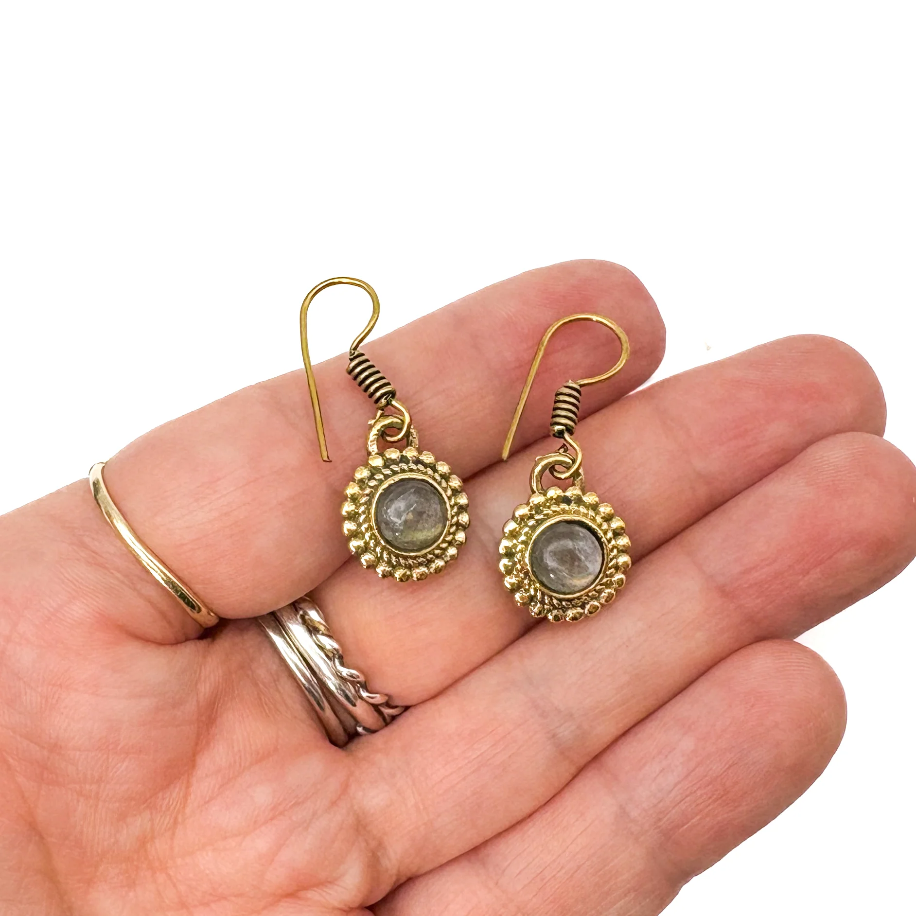 Labradorite Circle Dot Brass Earrings - Image 12