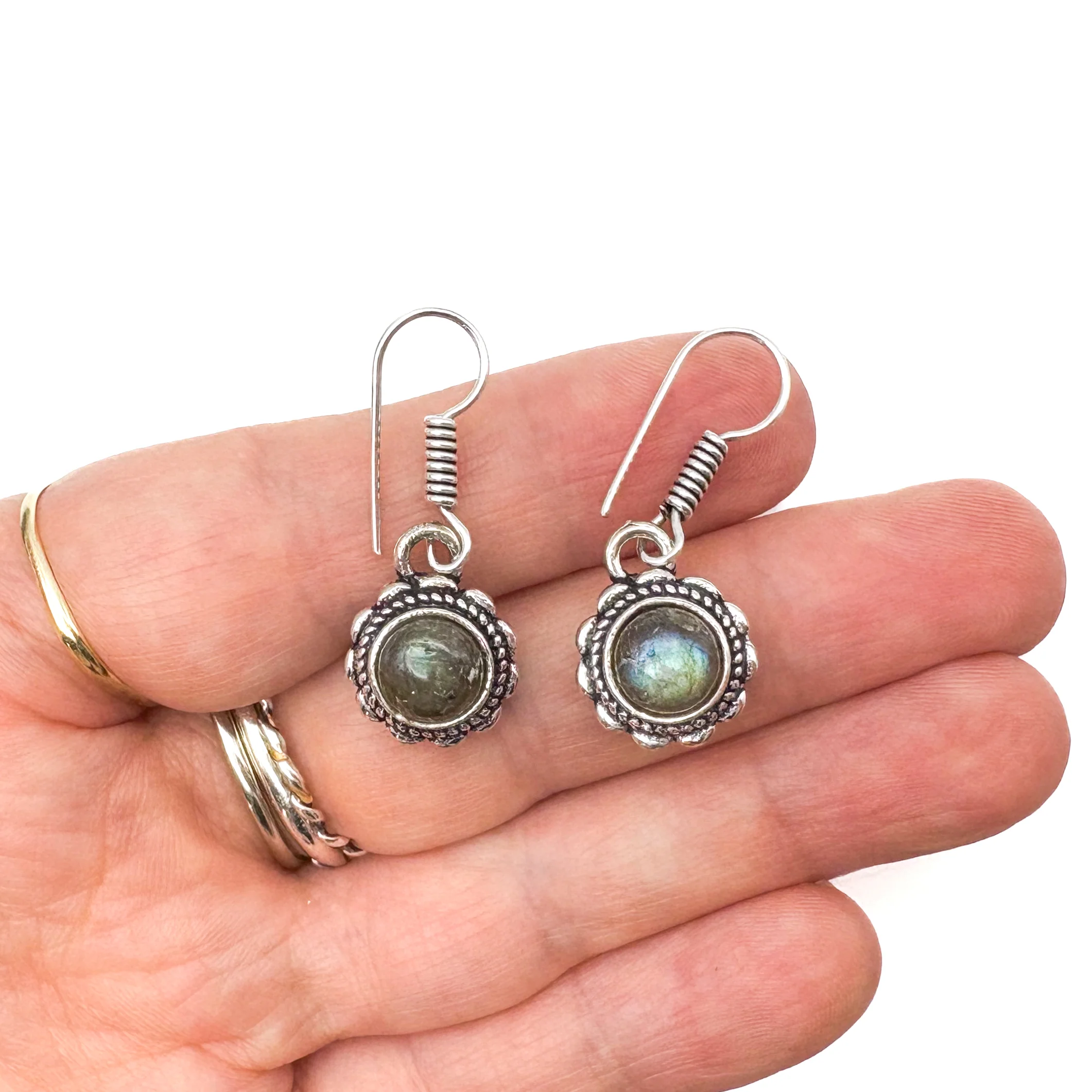 Labradorite Circle Flower White Brass Earrings - Image 10