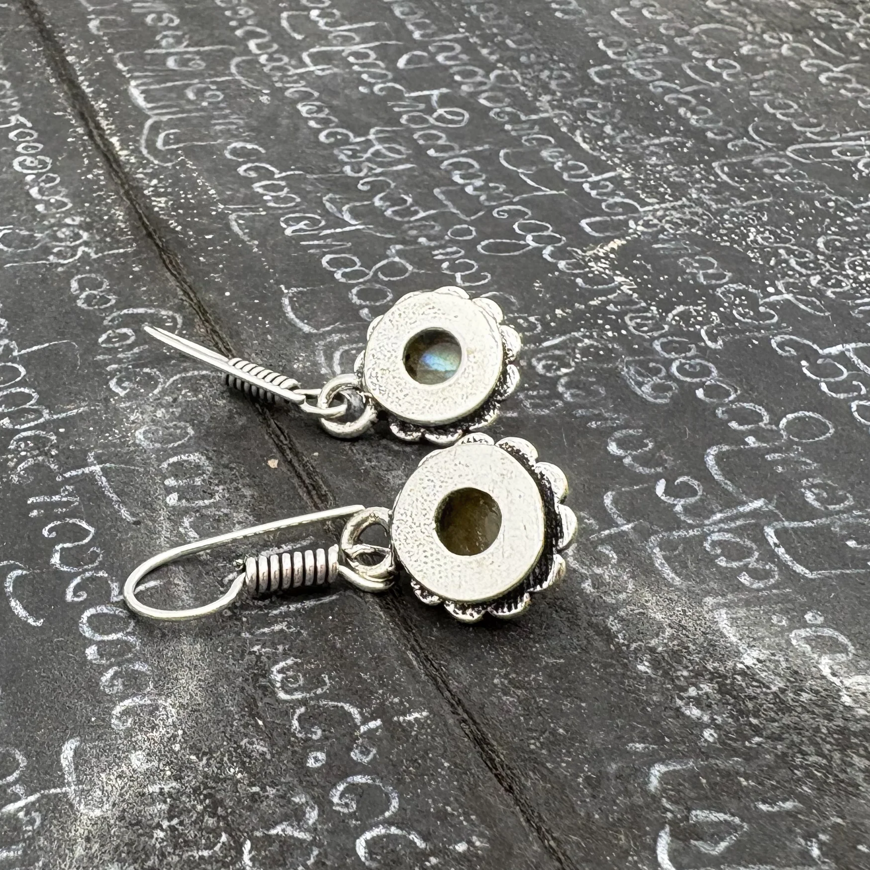 Labradorite Circle Flower White Brass Earrings - Image 11