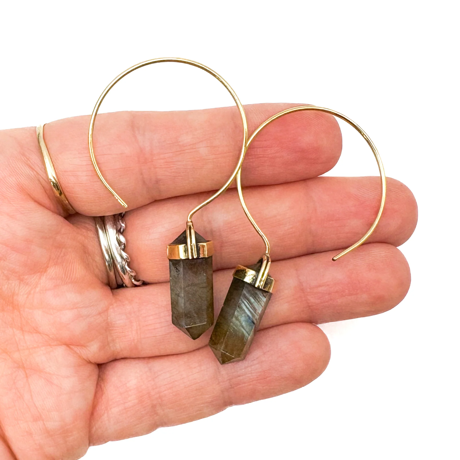 Labradorite Crystal Point Brass Hoop Earrings - Image 12