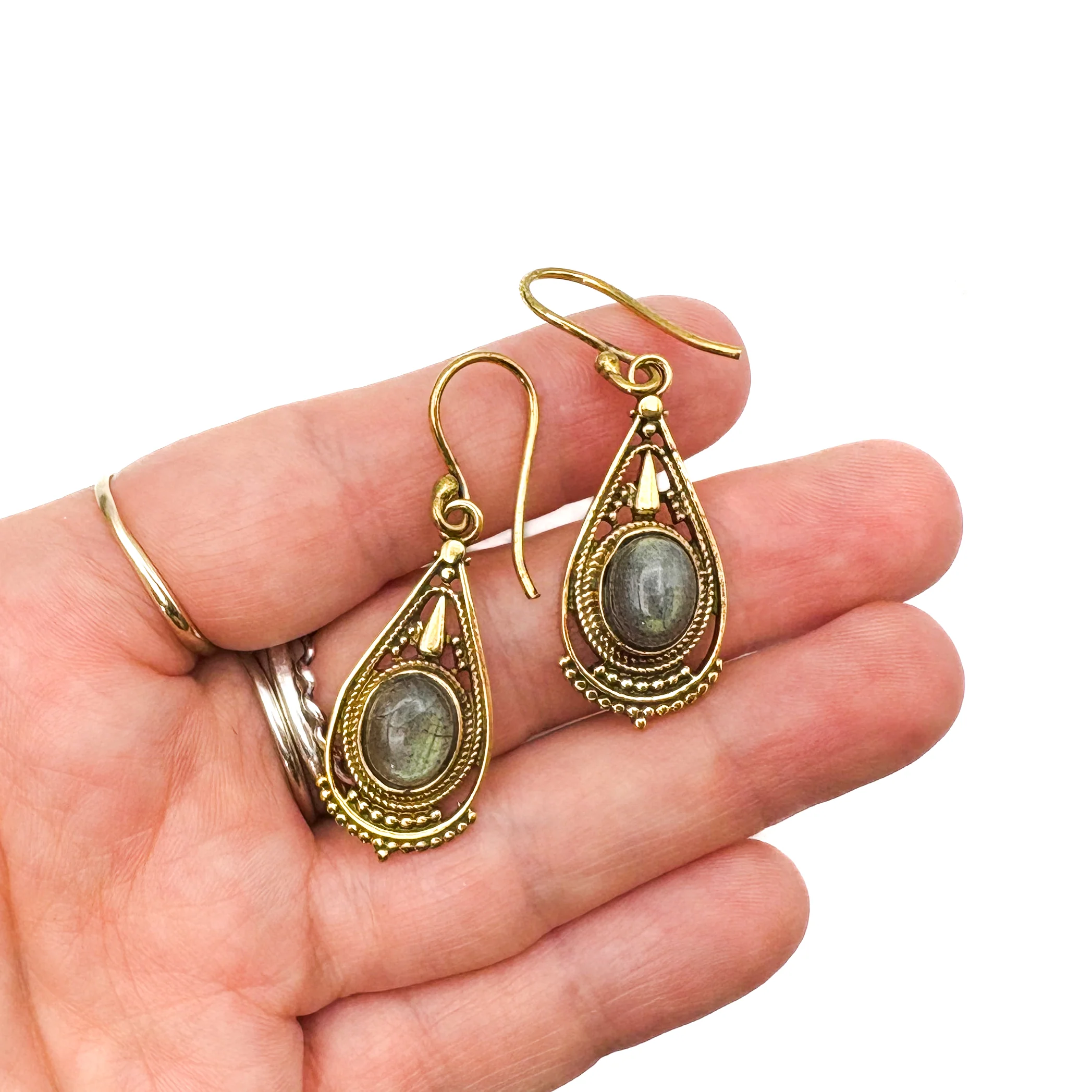 Labradorite Fancy Filagree Teardrop Brass Earrings - Image 10