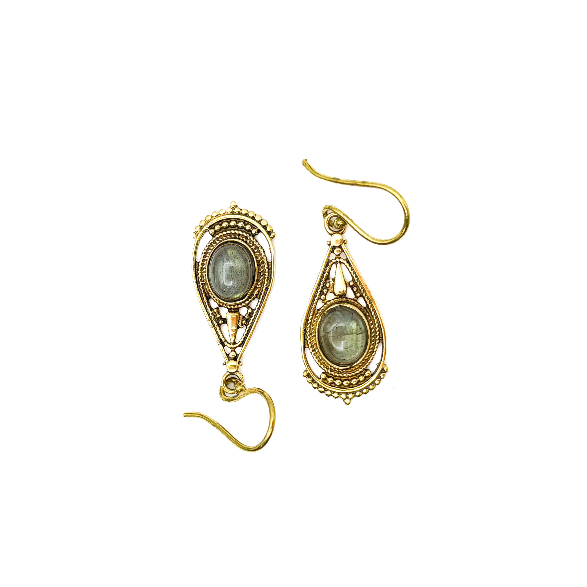 Labradorite Fancy Filagree Teardrop Brass Earrings - Image 2