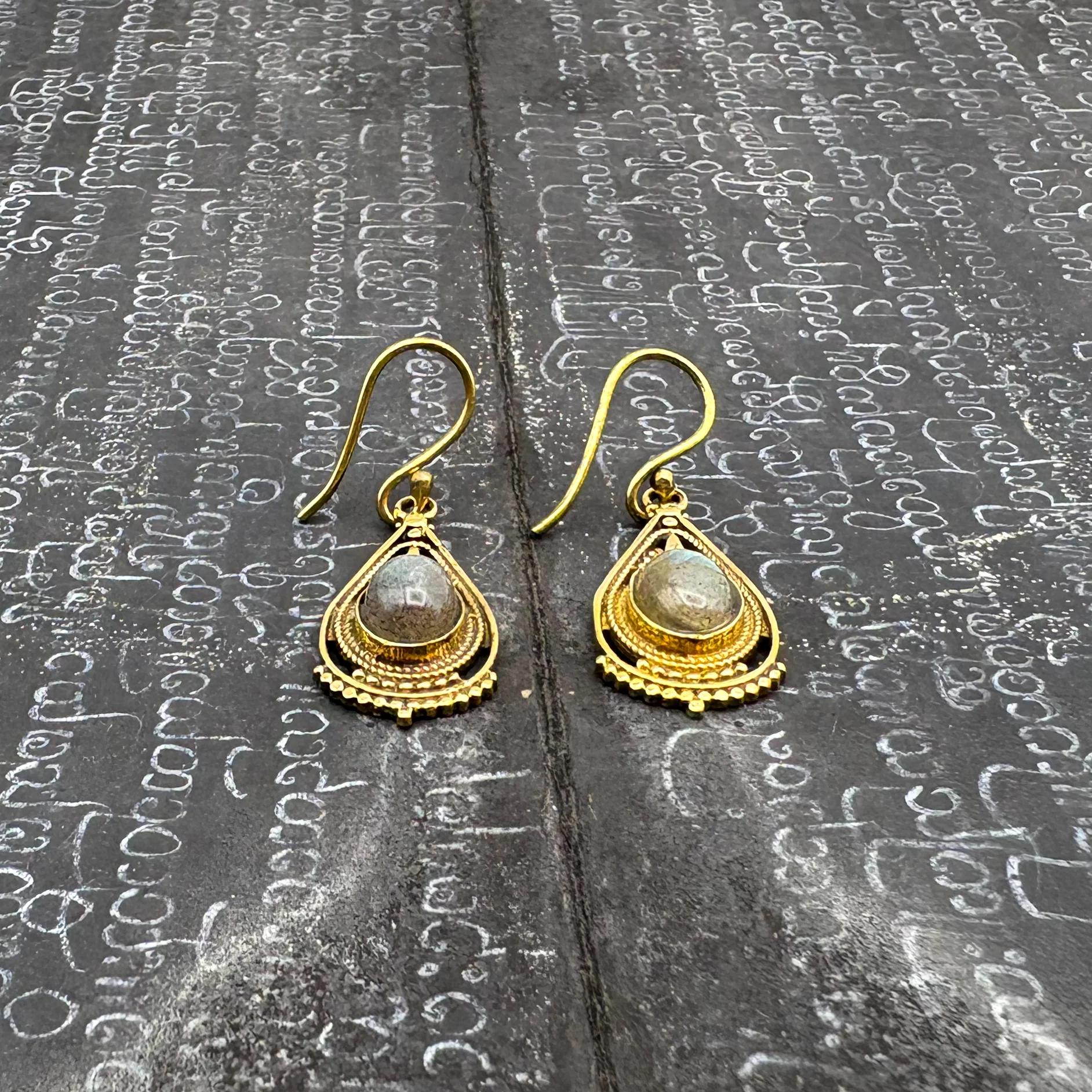 Labradorite Fancy Filagree Teardrop Brass Earrings - Image 3