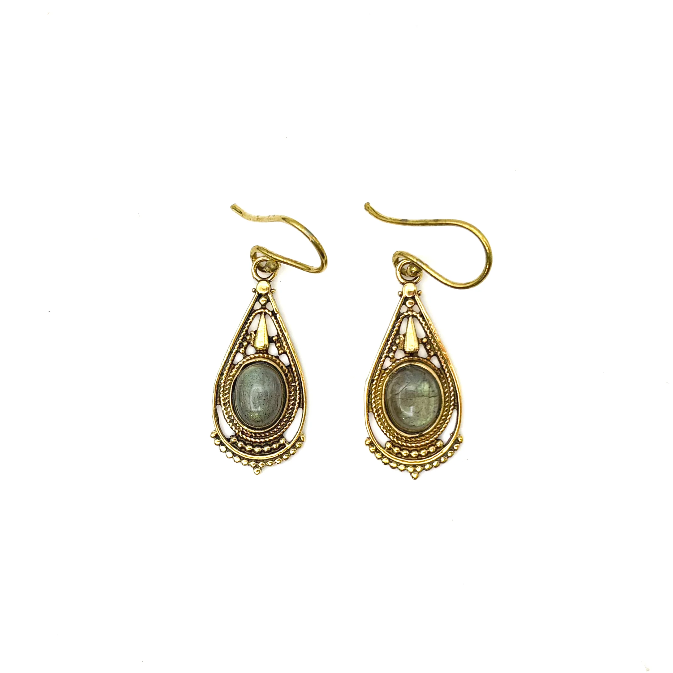 Labradorite Fancy Filagree Teardrop Brass Earrings - Image 4