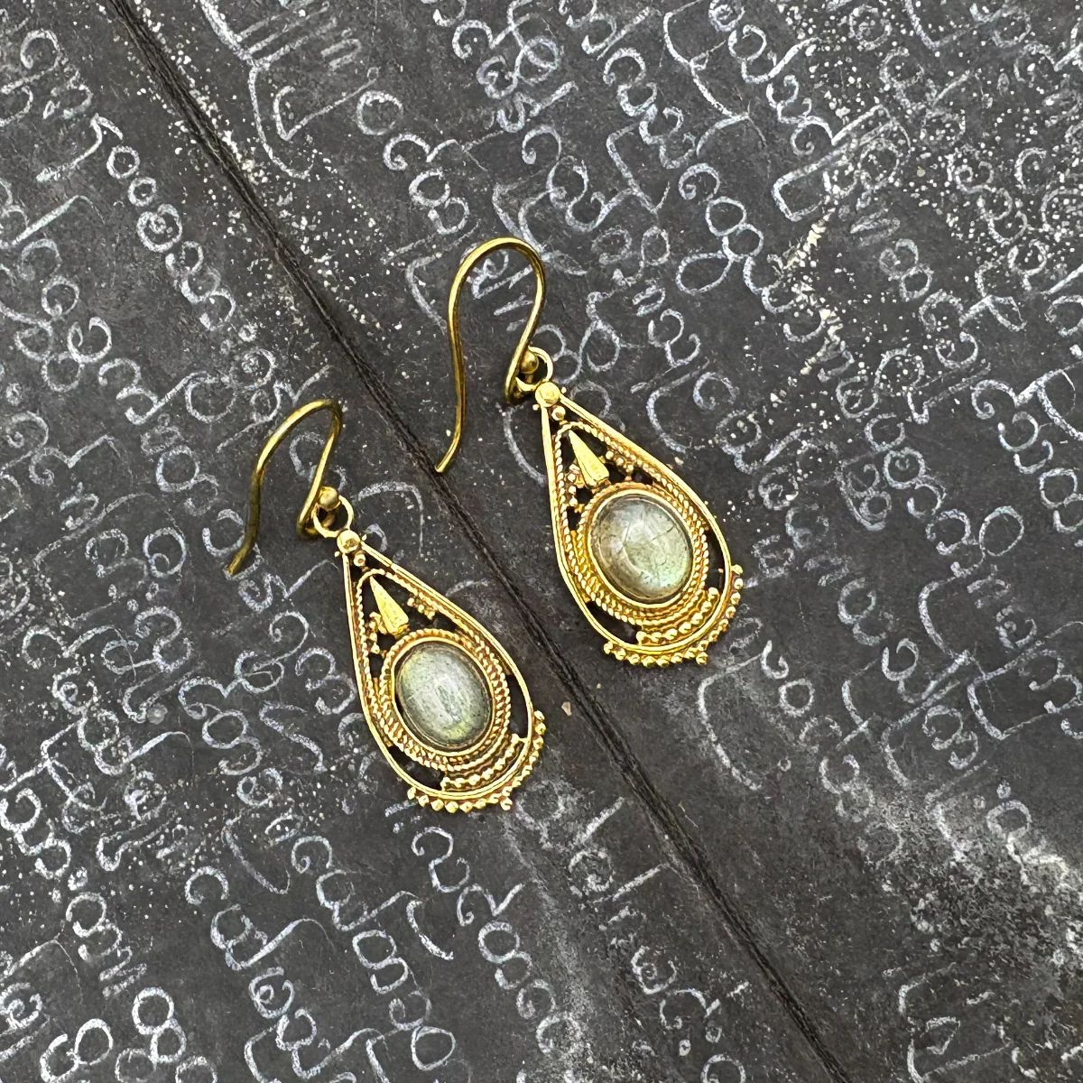Labradorite Fancy Filagree Teardrop Brass Earrings - Image 5