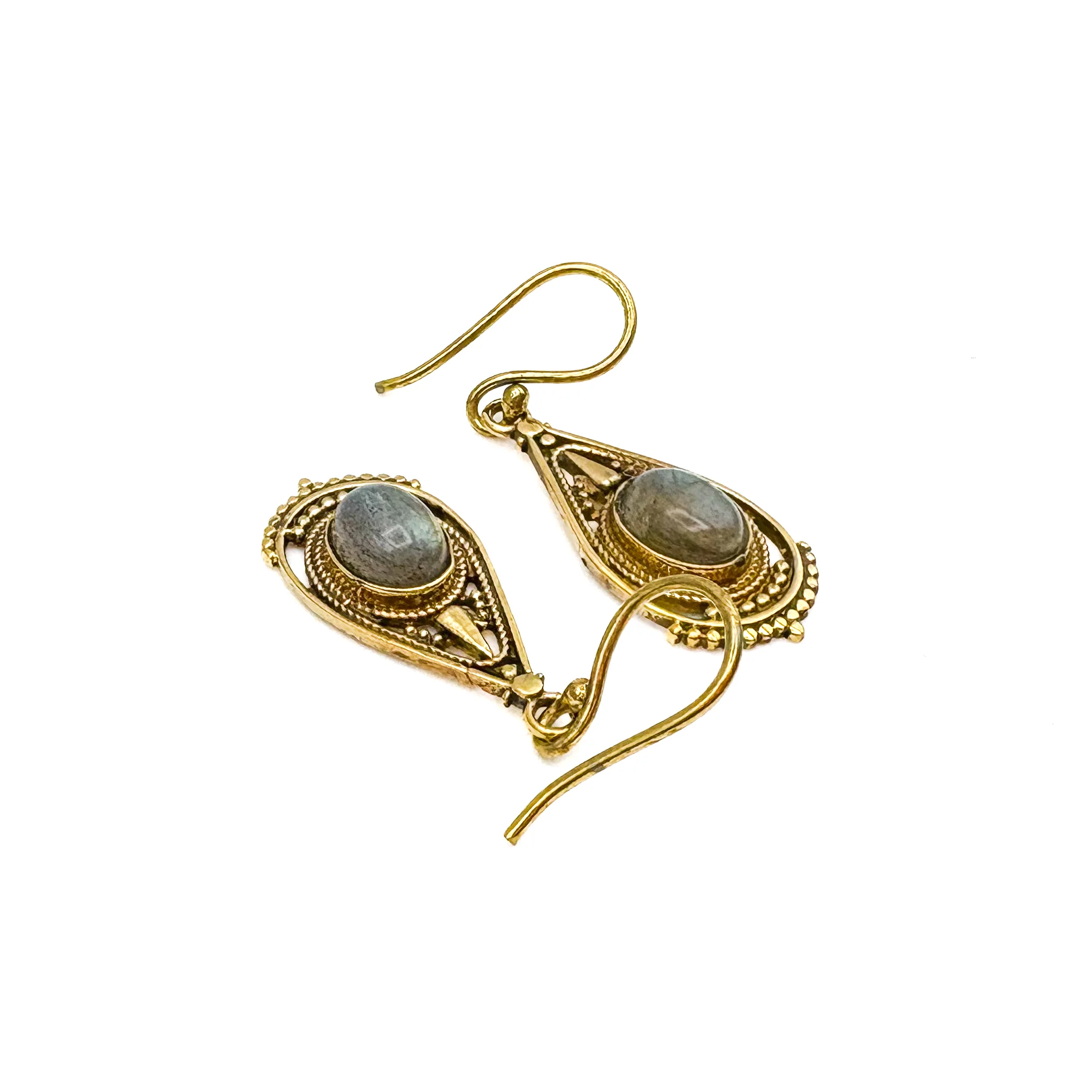 Labradorite Fancy Filagree Teardrop Brass Earrings - Image 8