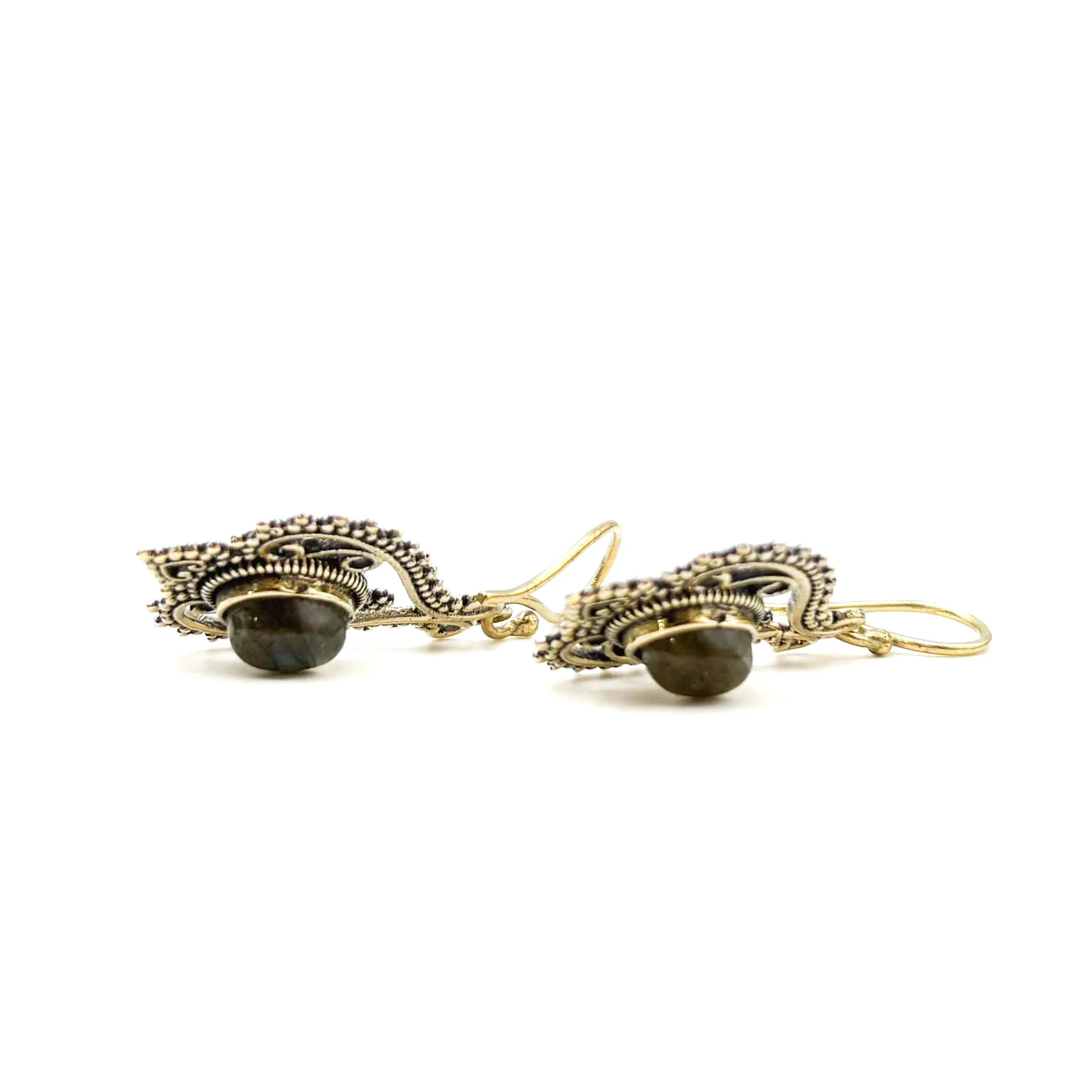Labradorite Heart Doily Lace Brass Earrings - Image 10