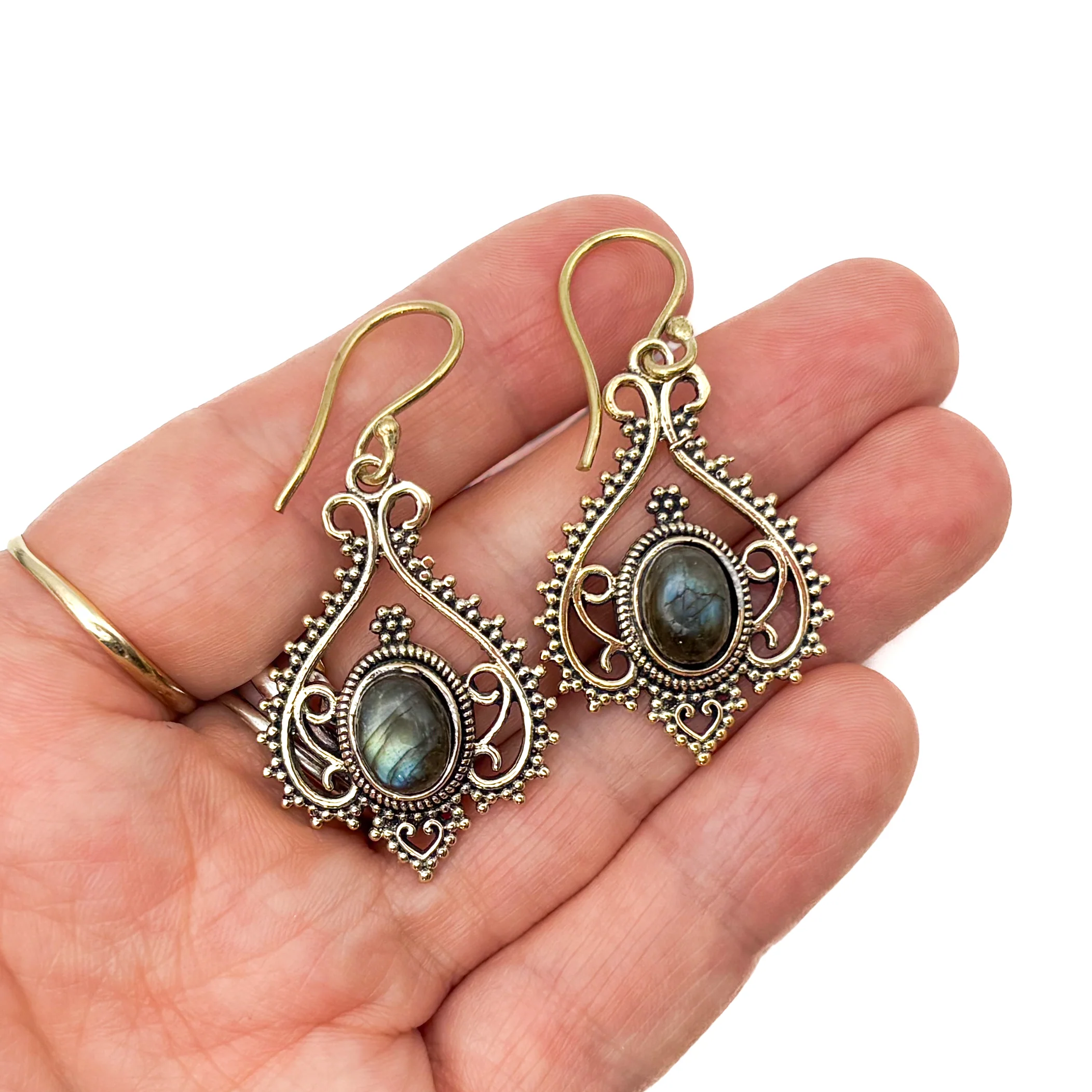 Labradorite Heart Doily Lace Brass Earrings - Image 11