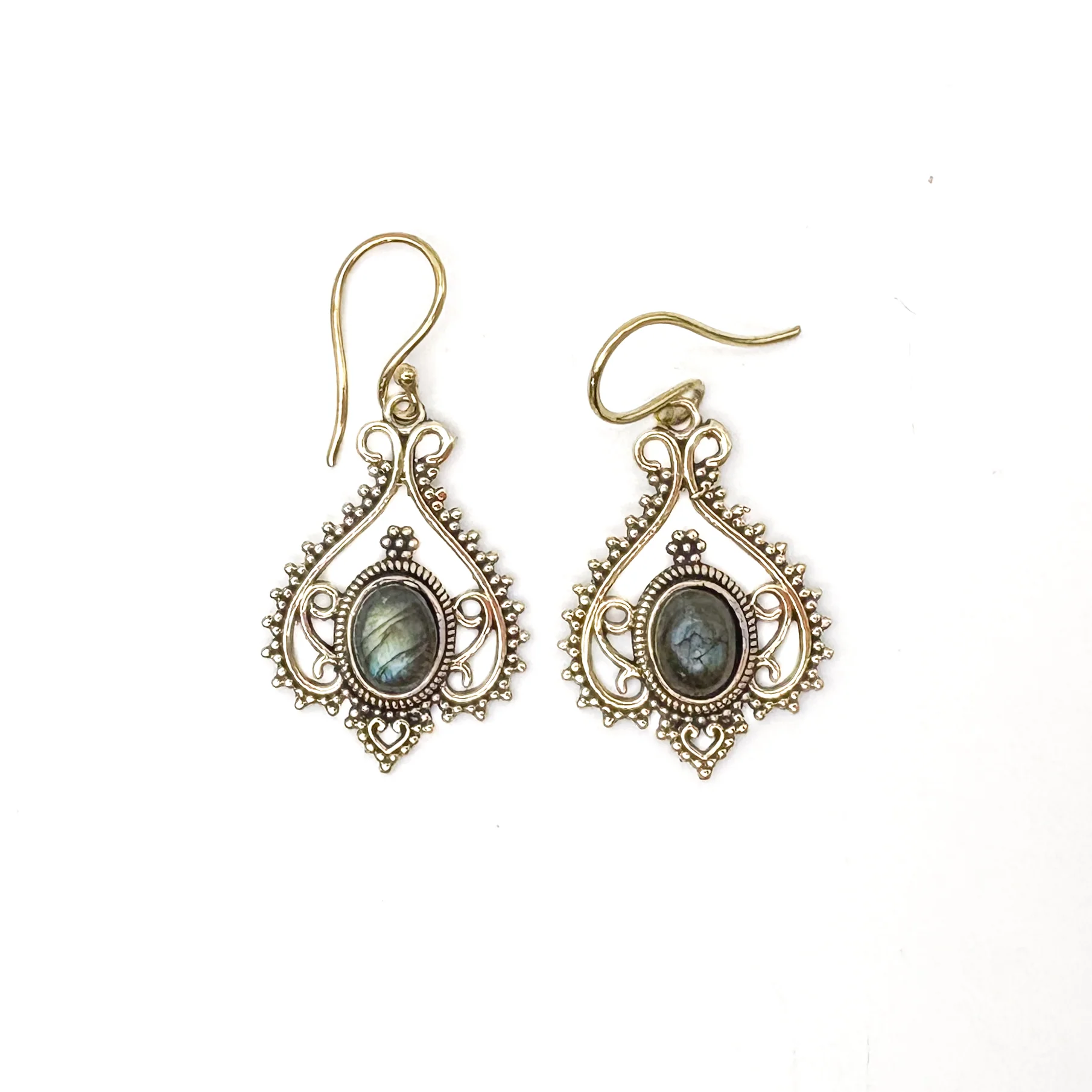 Labradorite Heart Doily Lace Brass Earrings - Image 2
