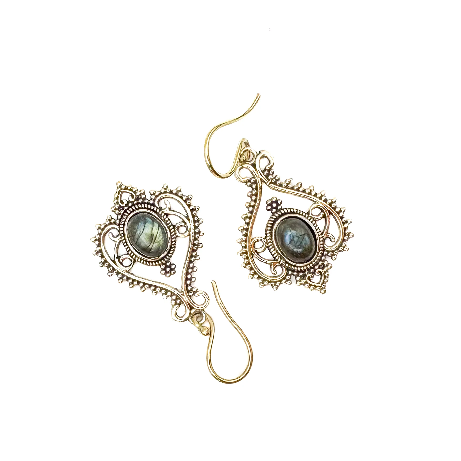 Labradorite Heart Doily Lace Brass Earrings - Image 4