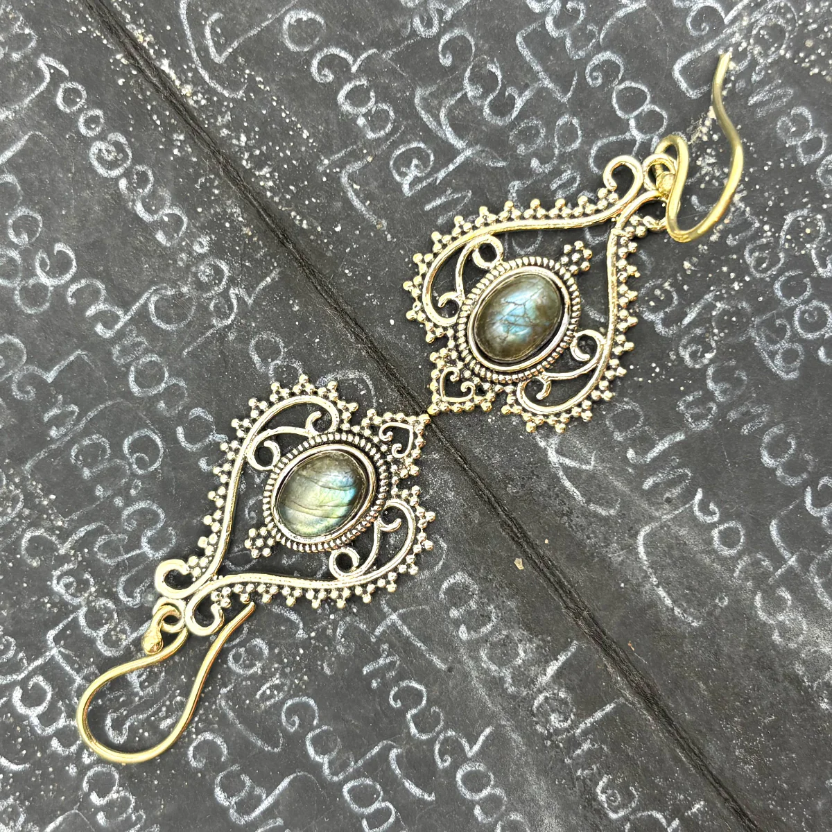 Labradorite Heart Doily Lace Brass Earrings - Image 7