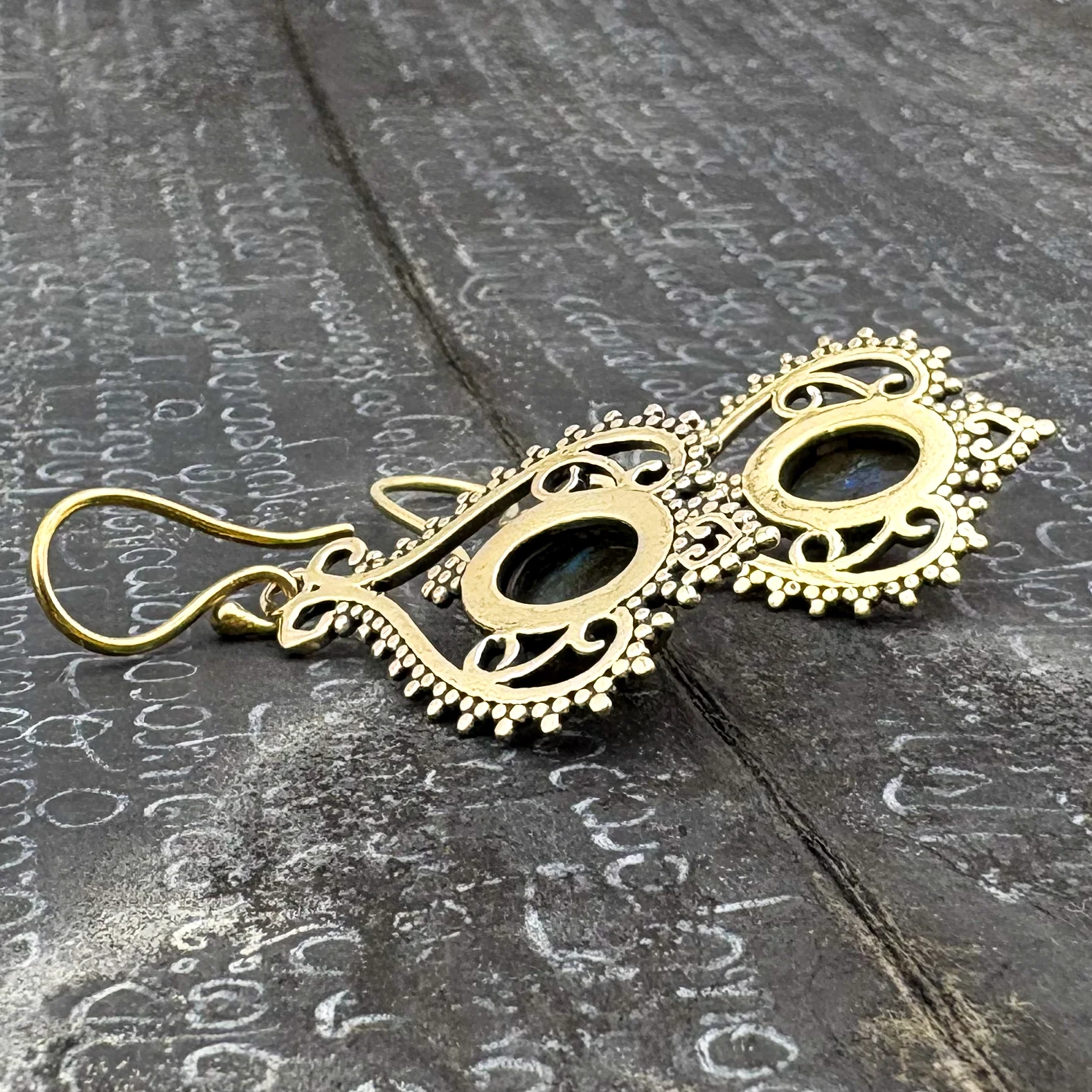 Labradorite Heart Doily Lace Brass Earrings - Image 9
