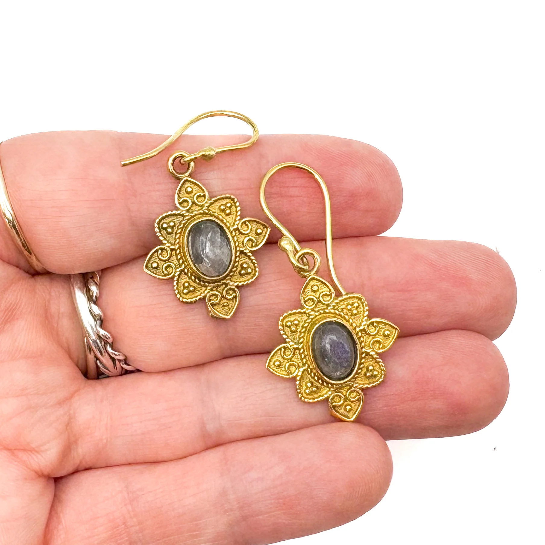 Labradorite Heart Flower Brass Earrings - Image 16