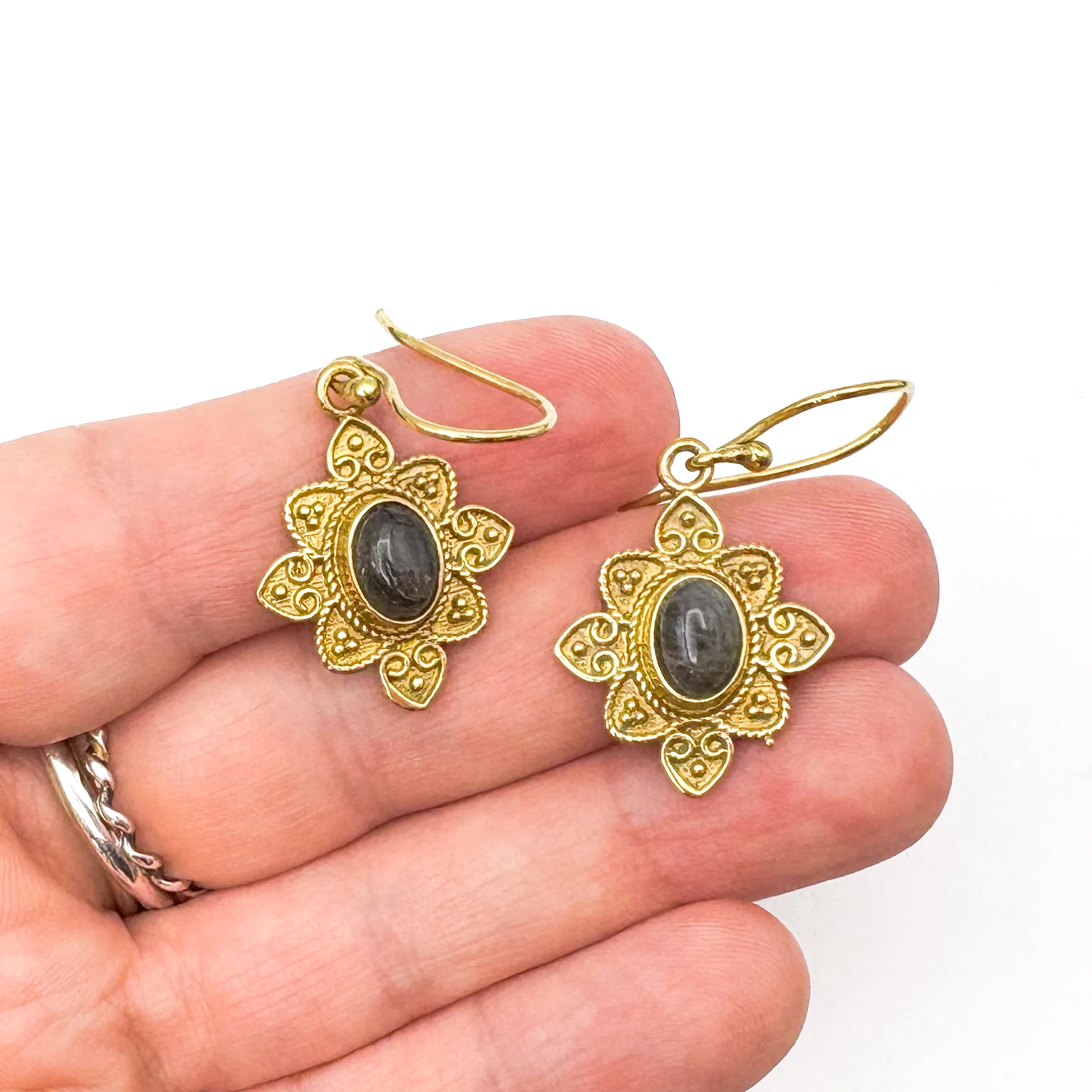 Labradorite Heart Flower Brass Earrings - Image 17