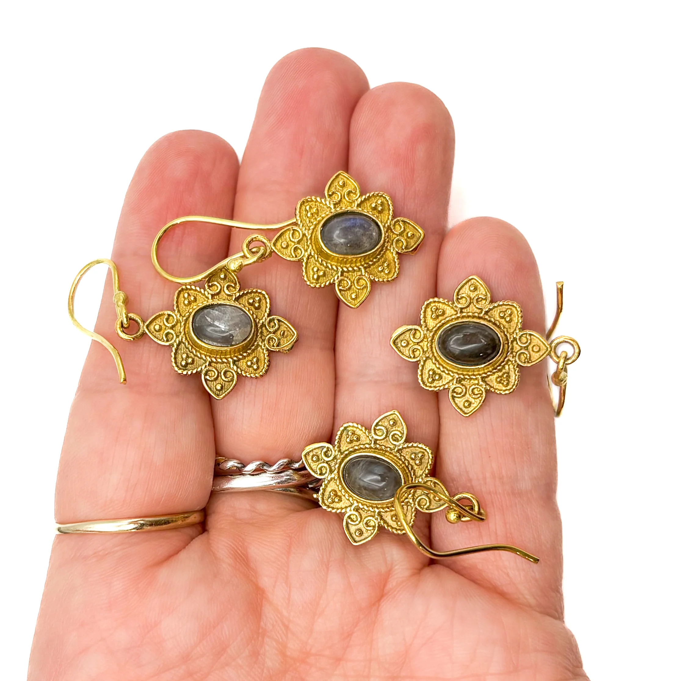 Labradorite Heart Flower Brass Earrings - Image 18