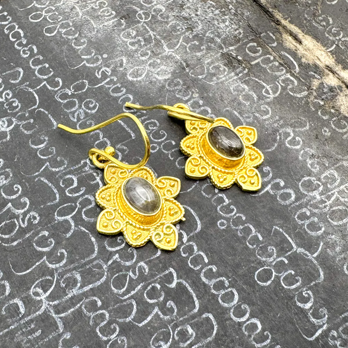 Labradorite Heart Flower Brass Earrings - Image 6