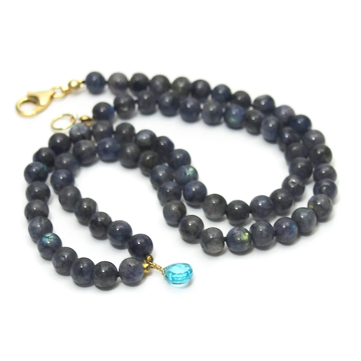 Labradorite Knotted Necklace and Blue Topaz Drop with Gold Filled Trigger Clasp - Image 2