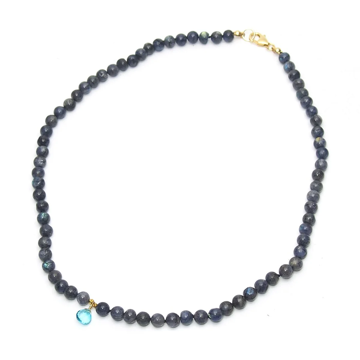 Labradorite Knotted Necklace and Blue Topaz Drop with Gold Filled Trigger Clasp - Image 3