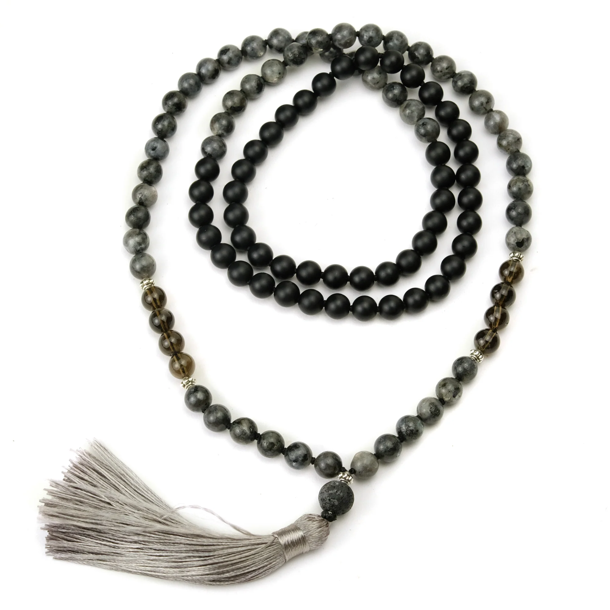 Labradorite, Onyx and Smokey Quartz 8mm Knotted Mala with Silk Tassel #87 - Image 2