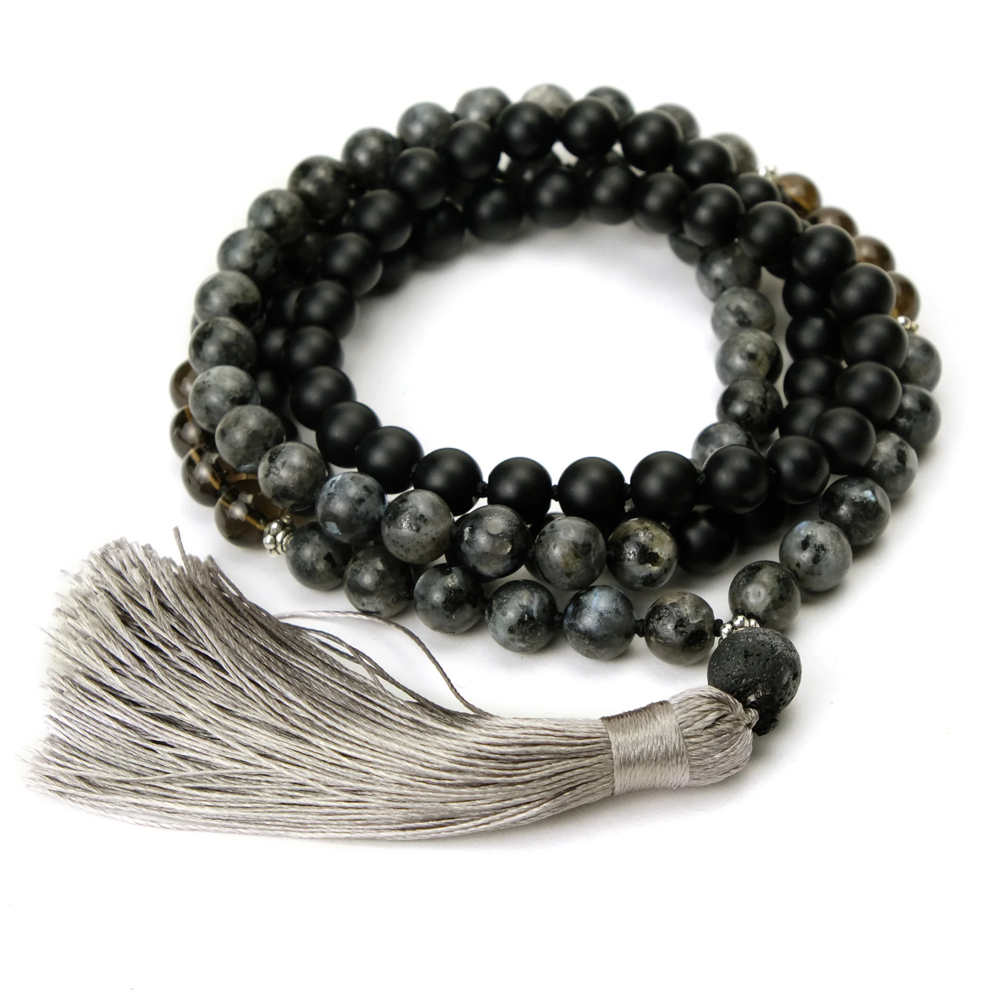 Labradorite, Onyx and Smokey Quartz 8mm Knotted Mala with Silk Tassel #87 - Image 3