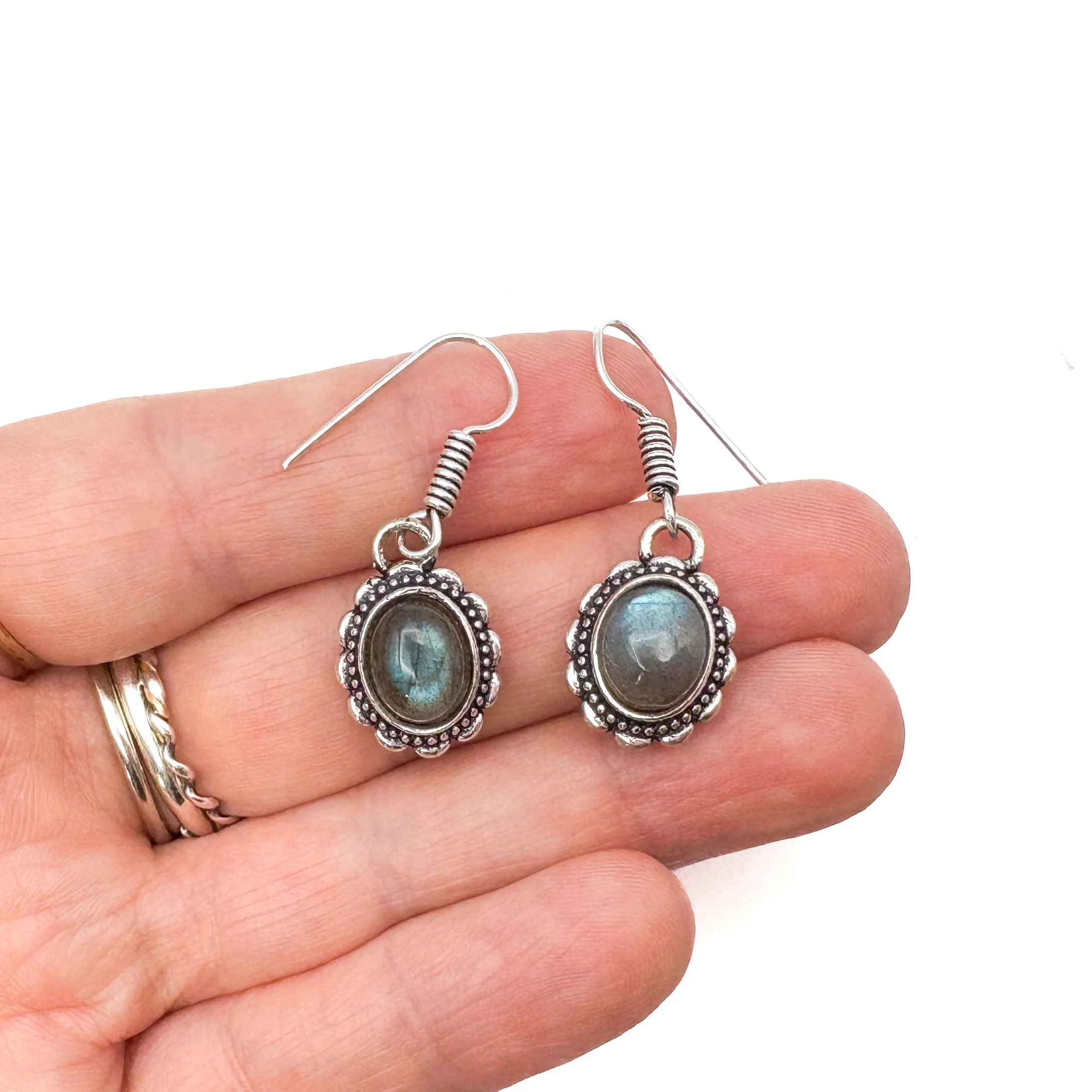Labradorite Oval Dots White Brass Earrings - Image 12