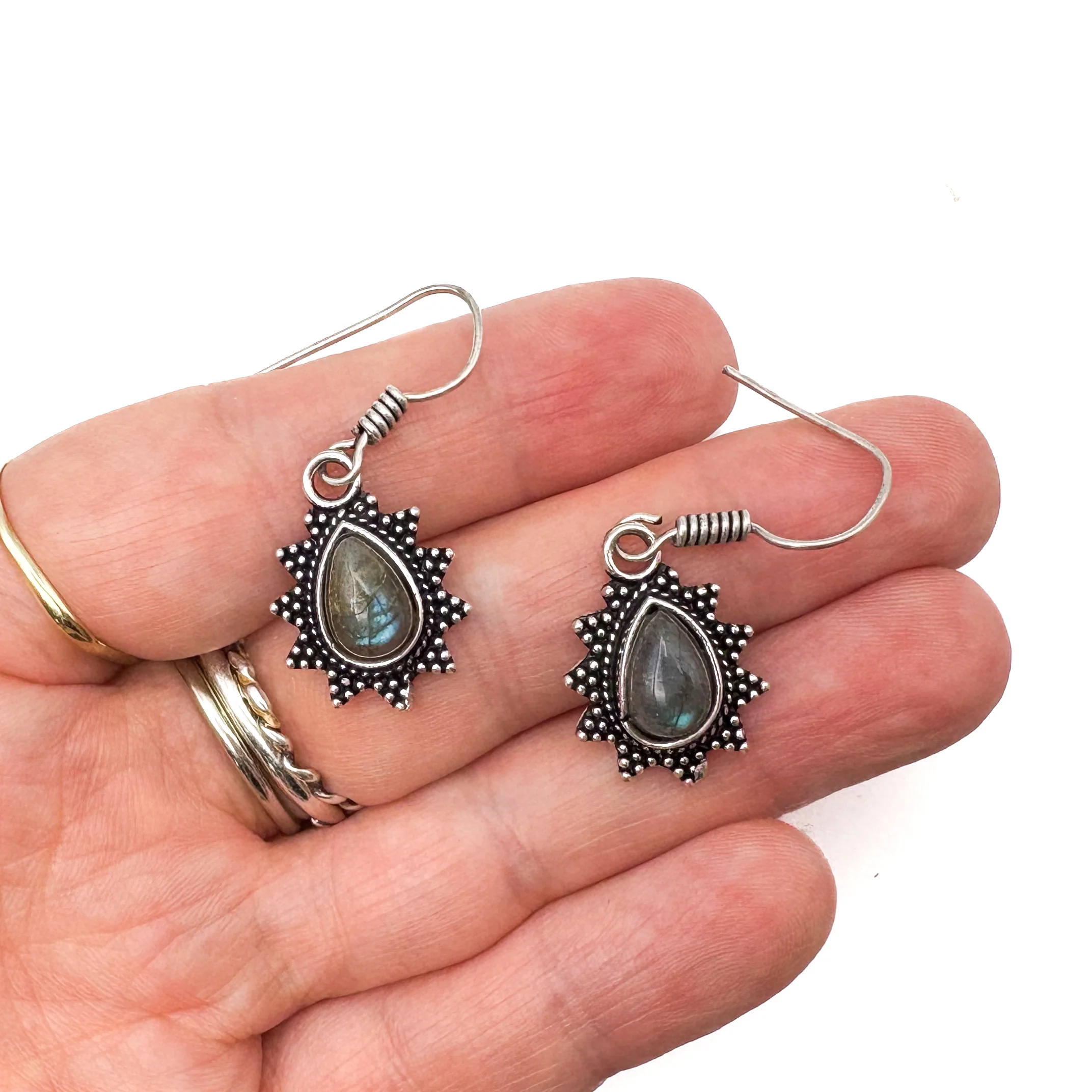 Labradorite Teardrop Dotted Rays White Brass Earrings - Image 10